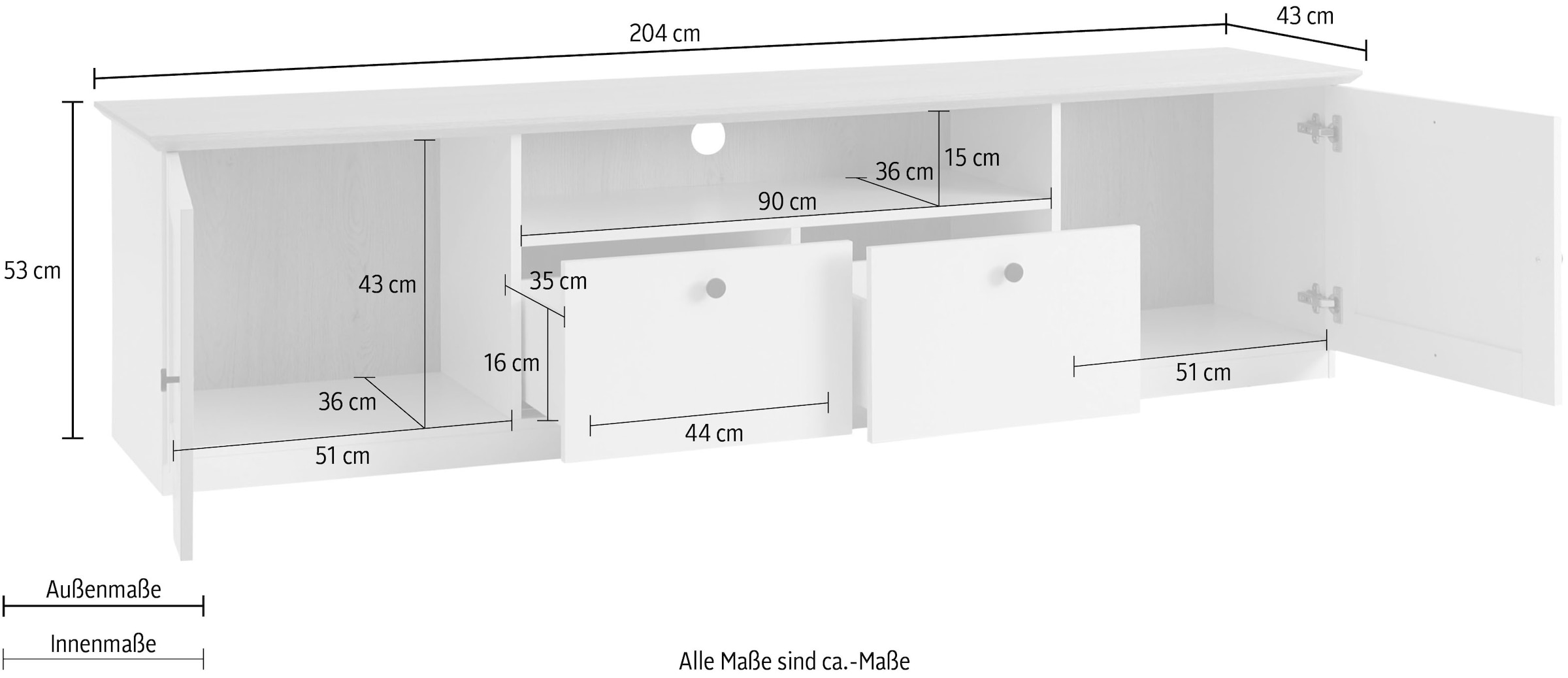 OTTO home Lowboard »Brest, TV-Unterschrank, Kommode, TV-Schrank im Landhausstil« schwarze Metallgriffe, ausreichend Stauraum, 204 cm breit