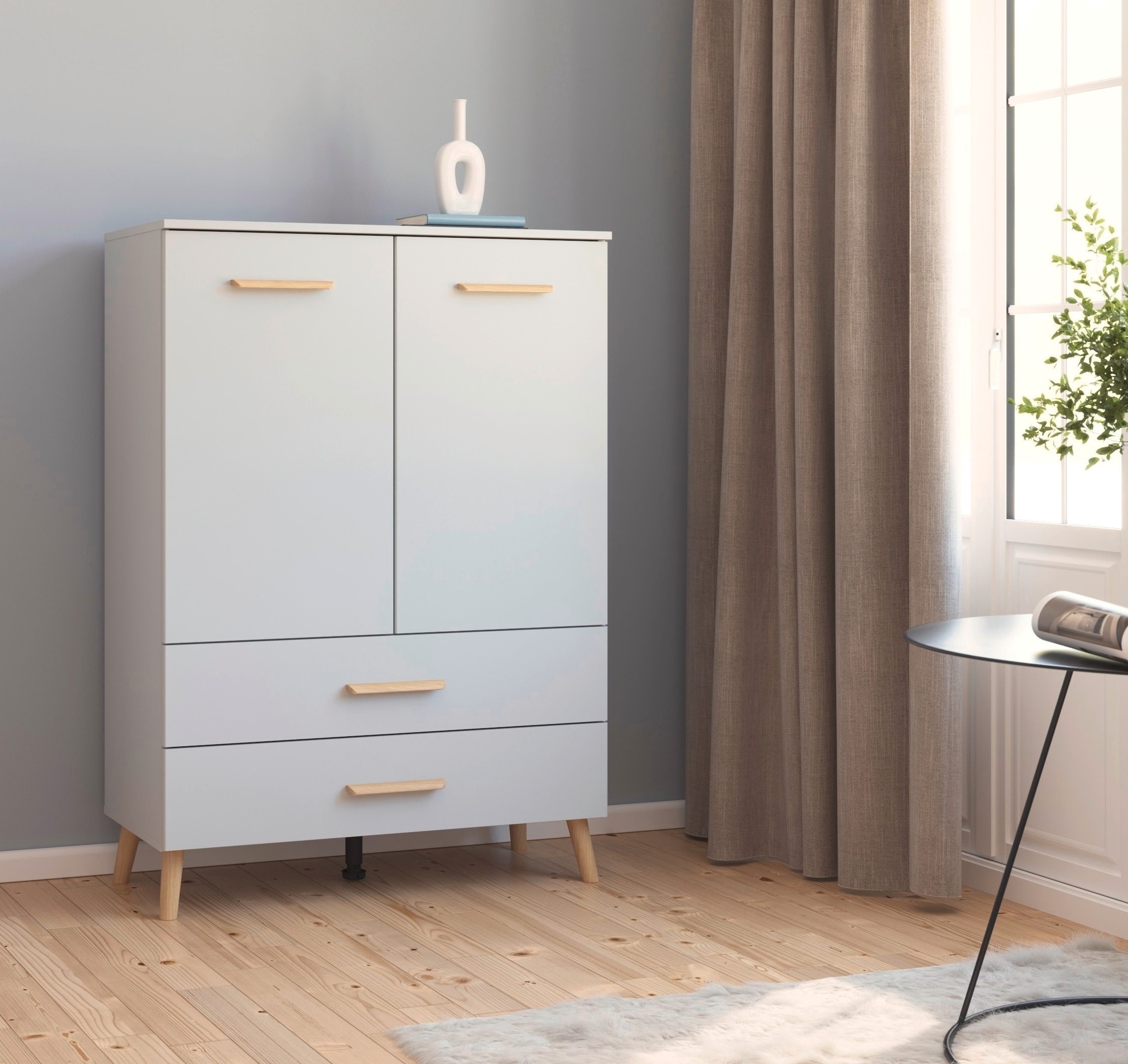rauch Hochkommode »Skandi by Aditio«, mit Massivholzgriffen, 2 Schubladen mit Softclose-Funktion