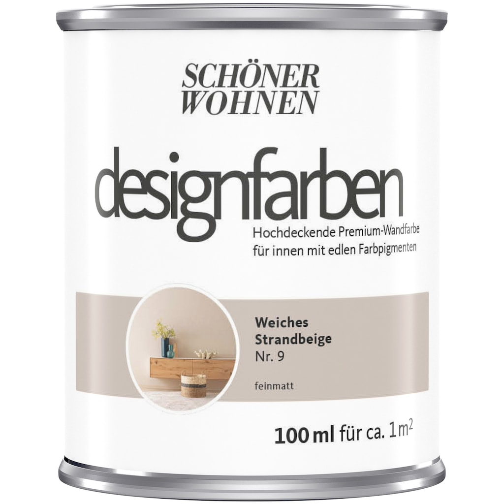 SCHÖNER WOHNEN FARBE Wand- und Deckenfarbe »designfarben«, 100 ml, Weiches Strandbeige Nr. 9, hochdeckende Premium-Wandfarbe