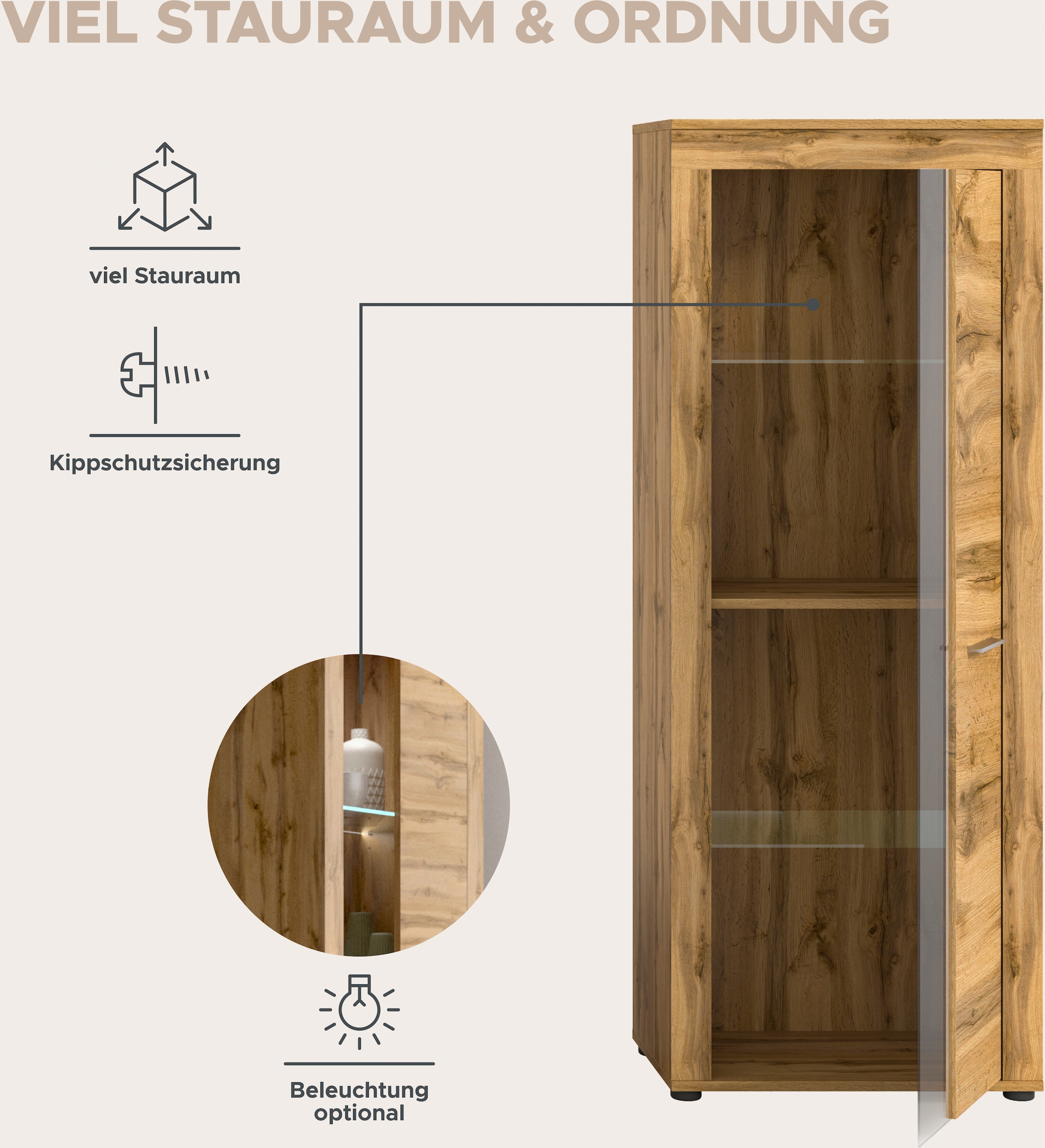 INOSIGN Wohnwand »Aosta, 4-tlg., best. aus: Vitrine, Lowboard, Wandboard & Vitrine hoch«, (4 St.), Wohnwand, Kombination, Anbauwand, Möbel Set, Schrankwand, Möbel Kombi