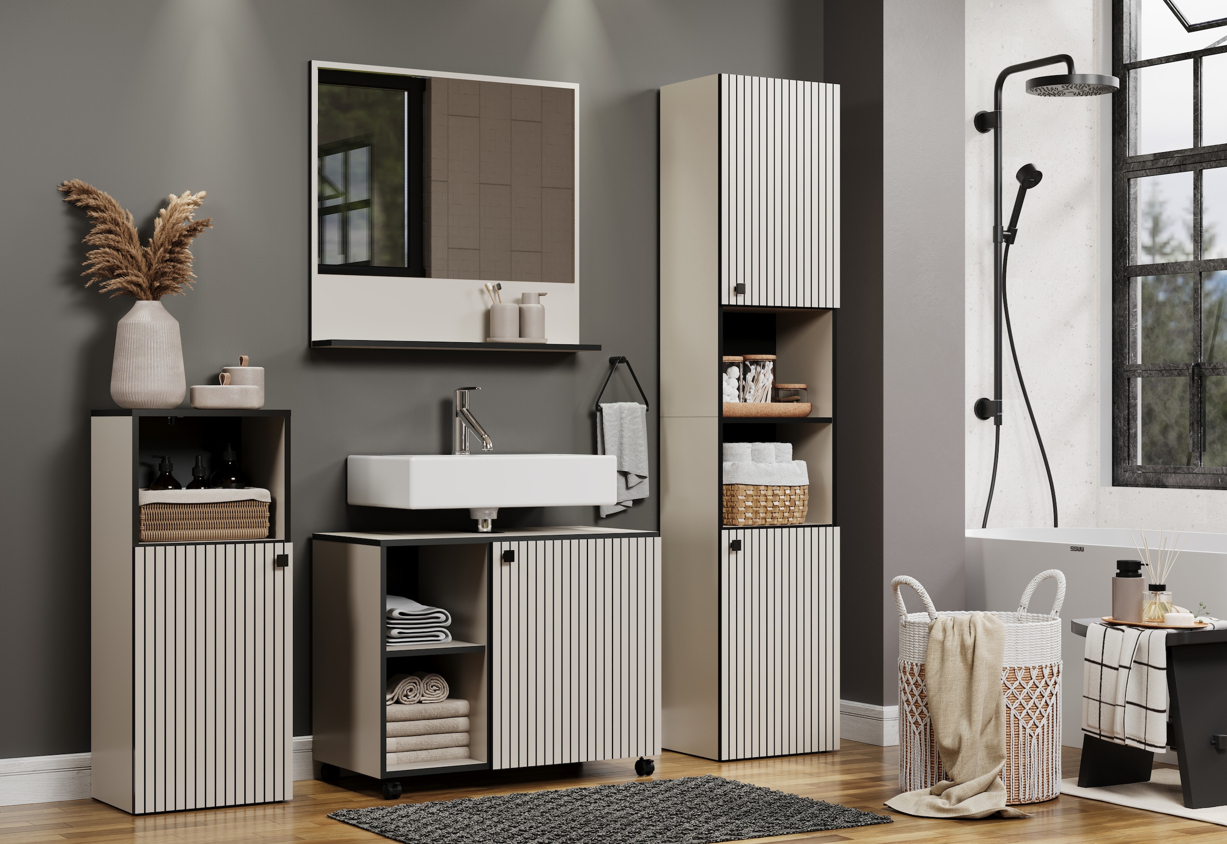 welltime Hochschrank »Amrum«, (1 St.), Breite 40cm, geräumiger Hochschrank Eiche Rillenoptik Badschrank