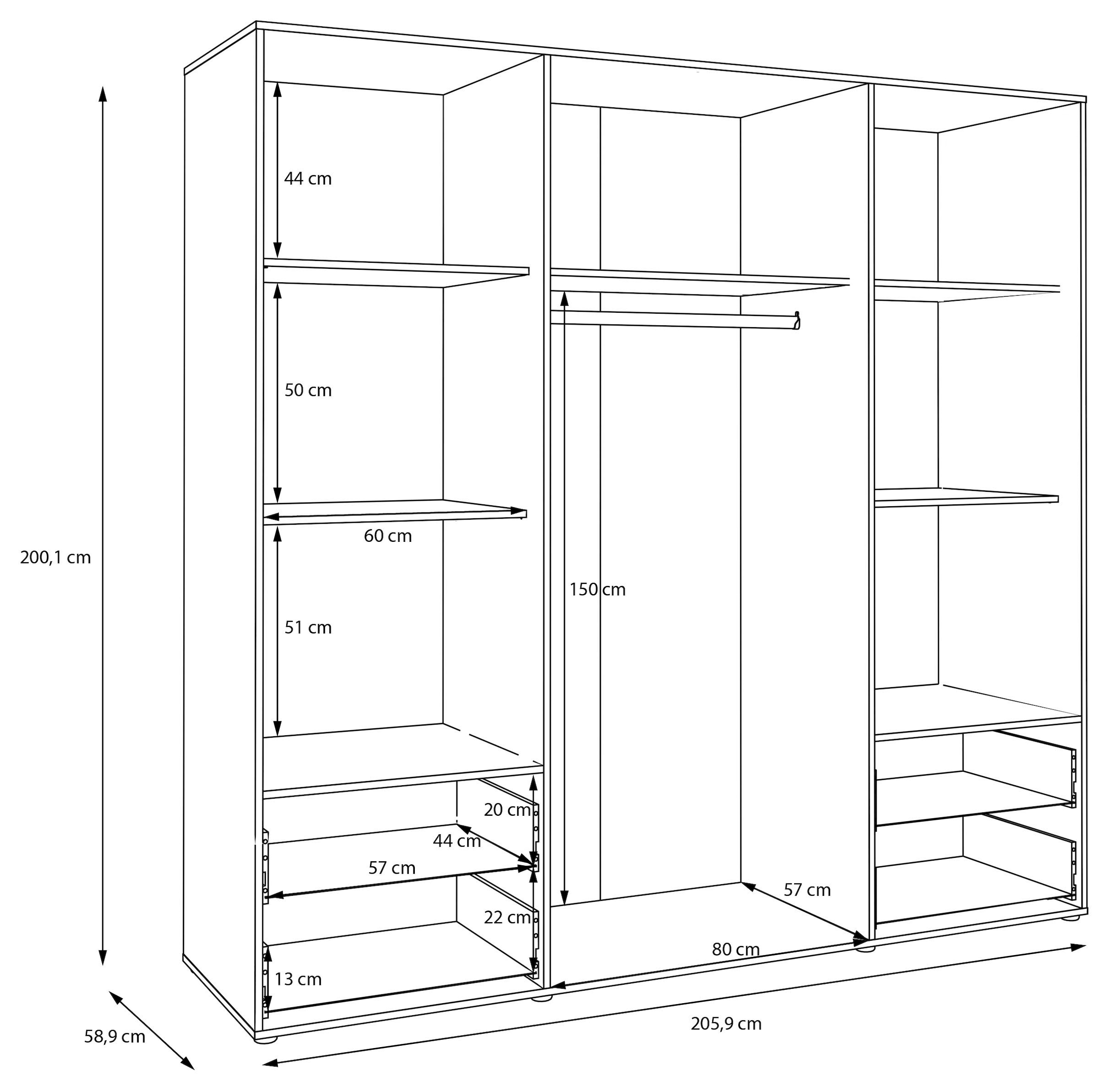 FORTE Drehtürenschrank »Mokkaris, TOPSELLER! 3 oder 4 Türen, zeitloses Design«, (BHT ca. 145x200x59cm oder BHT ca. 206x200x59cm), Schubladen + schwarze Stangengriffe, Made in Europe, viel Stauraum