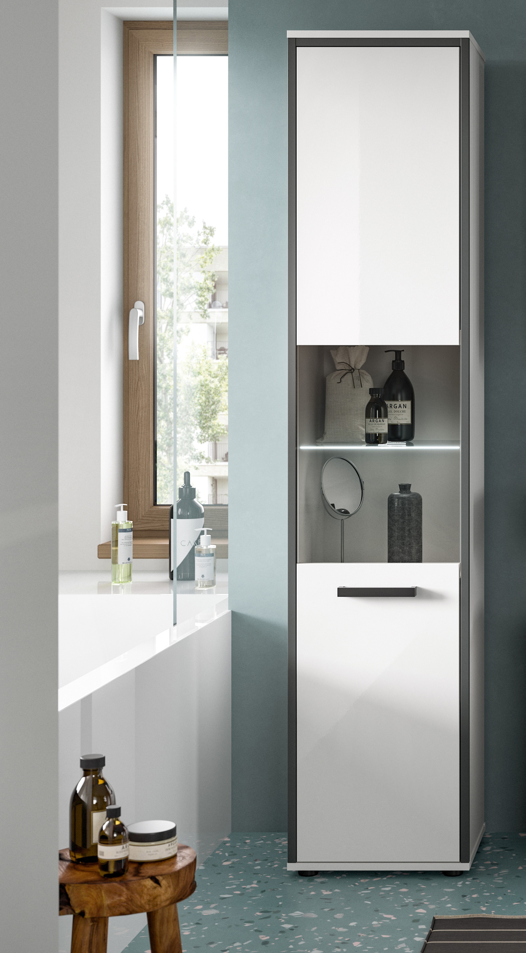 welltime Hochschrank »KAJO, hochglanz Front, inkl. Beleuchtung, Glastür, 6 Fächer« 2 Stk. tlg. Badschrank, Hochschrank, Bad, Badezimmer