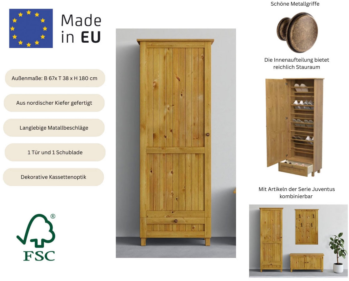 Home affaire Schuhschrank »Juventus« 1 Stk. tlg. aus massiver Kiefer, Breite  67cm , Höhe 180 cm