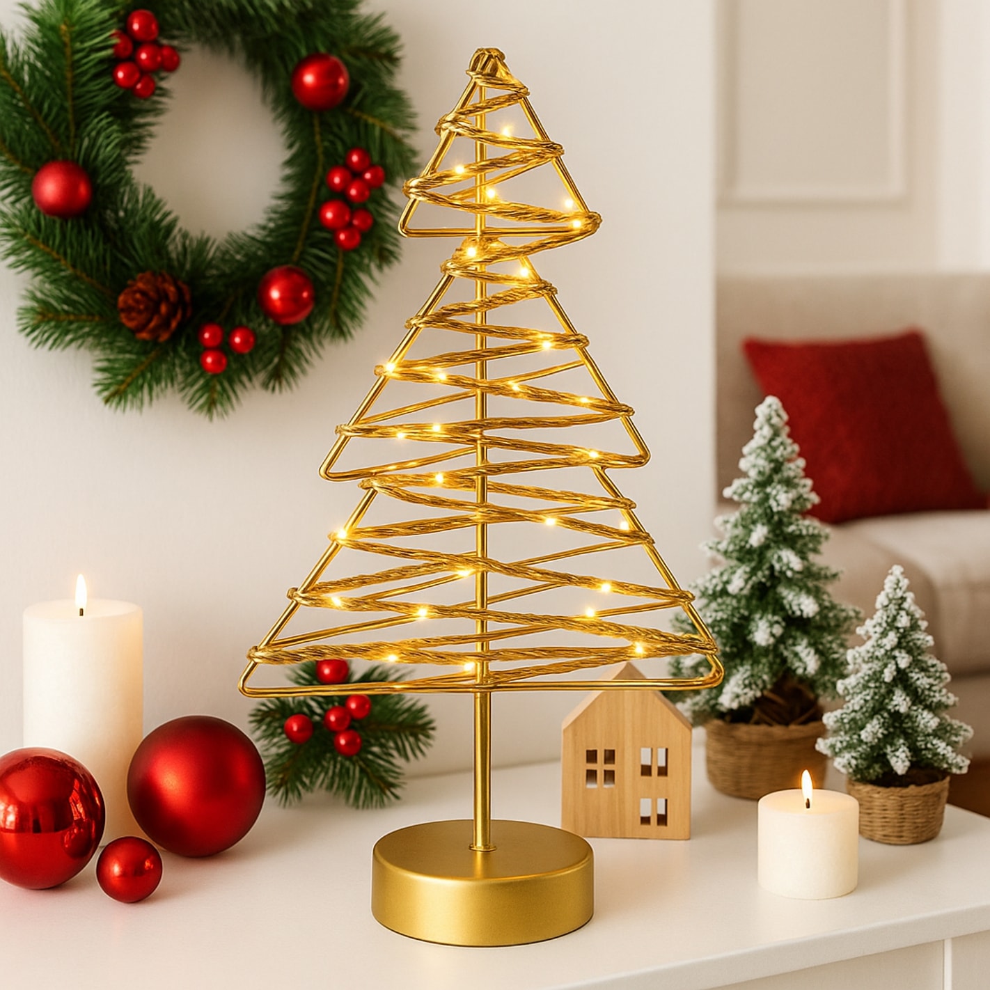 I.GE.A. LED-Dekofigur »LED-Dekoobjekt Baum« Tannenbaum Metall Gold warmweiß Timer Batteriebetrieb Weihnachtsdeko