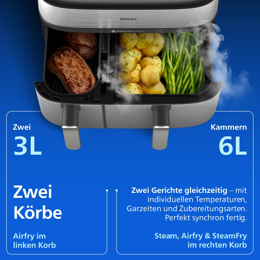 Philips Heißluftfritteuse »NA555/00 Steam Airfryer 5000 Series Dual Basket, 9L Kapazität (3L+6L)« 2750 W mit Dampfgar-Funktion; Silber/Edelstahl