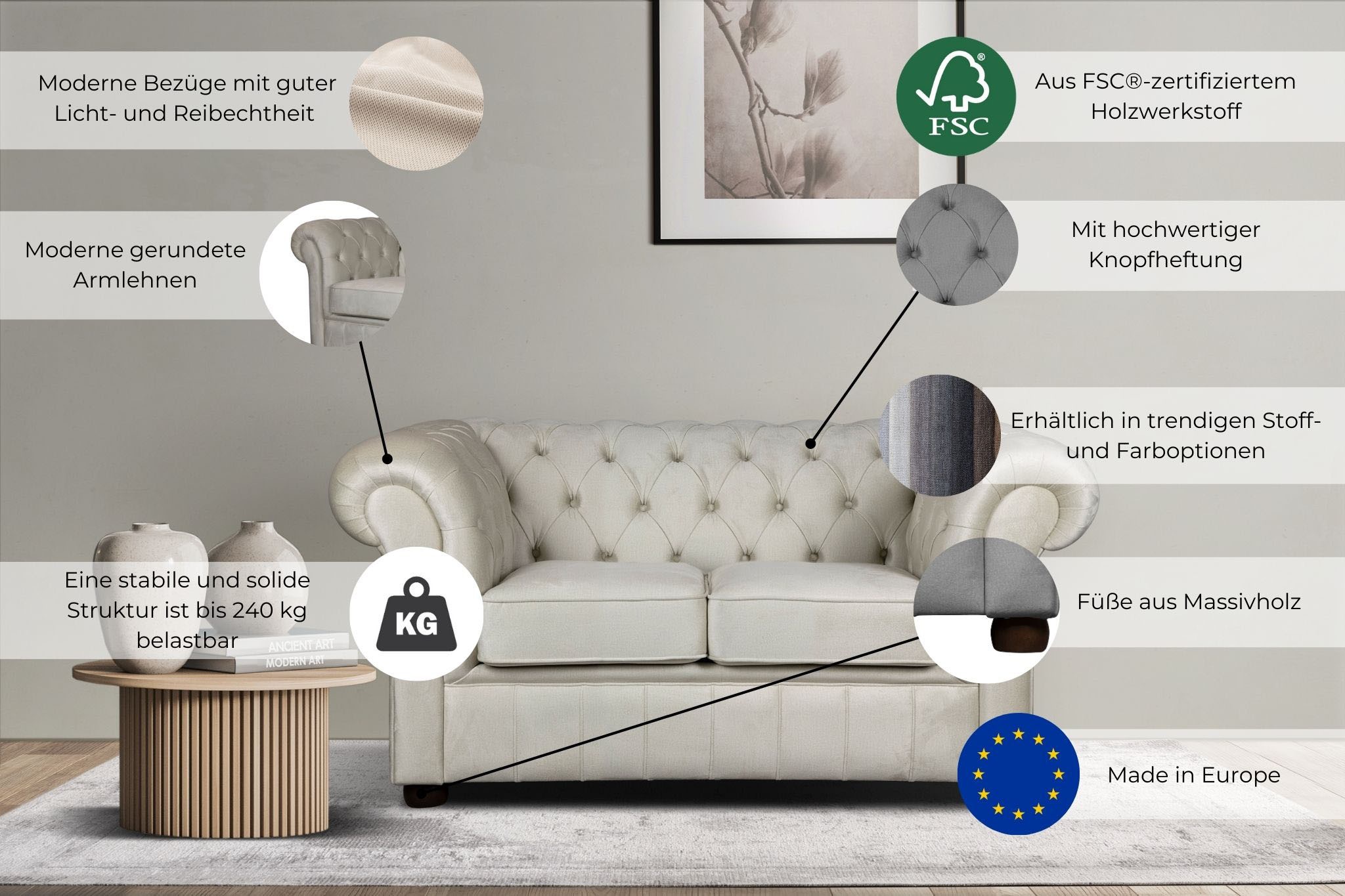 Home affaire 2-Sitzer »CHARENTE, Chesterfield-Sofa, Wellenfederung, Maße: B/T/H: 147/89/74 cm« mit edler Knopfheftung und typischen Armlehnen