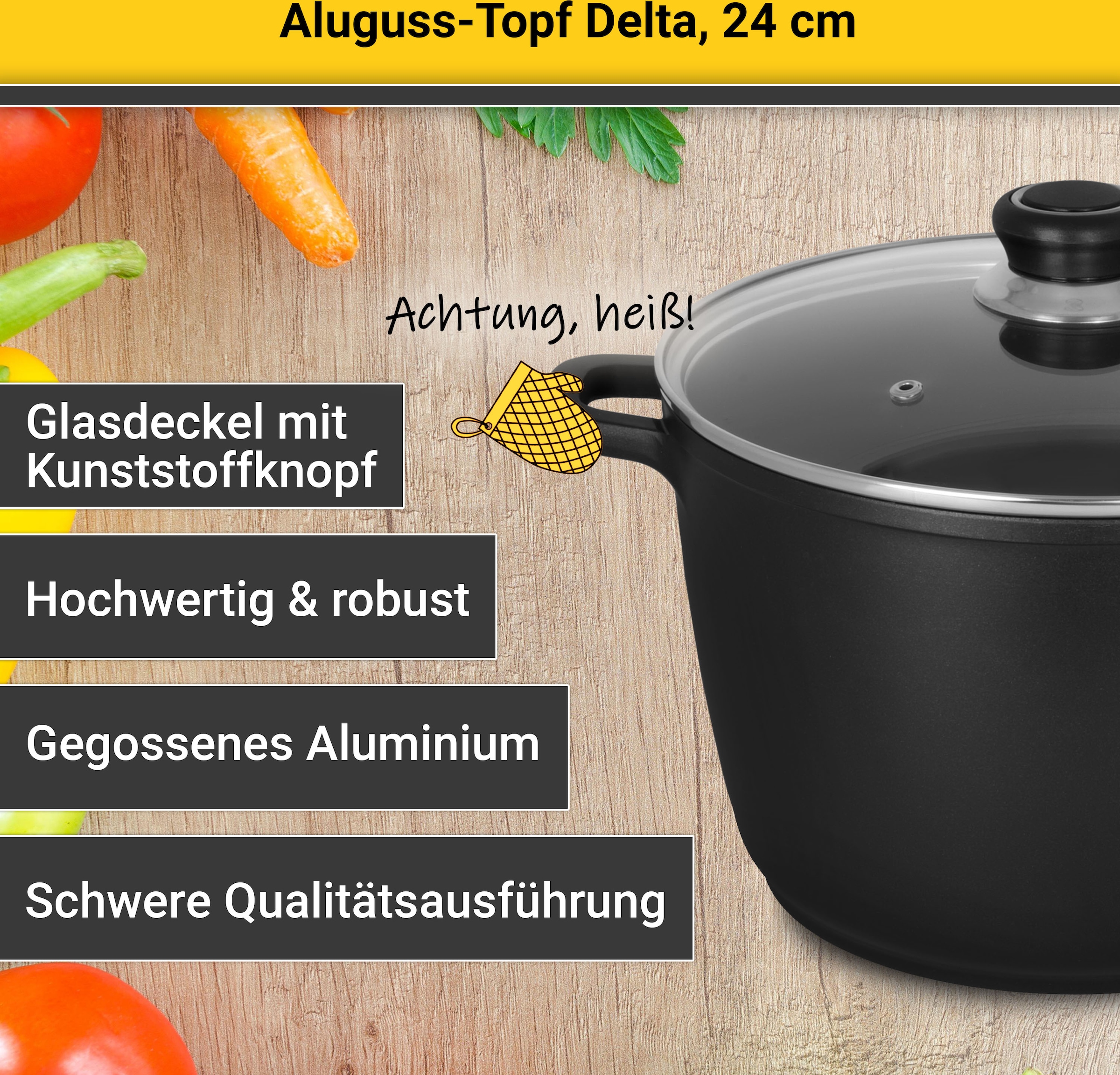 Krüger Fleischtopf »Aluguss Fleischtopf mit Glasdeckel DELTA, 24 cm«, Aluminiumguss, (1 tlg.), für Induktions-Kochfelder geeignet