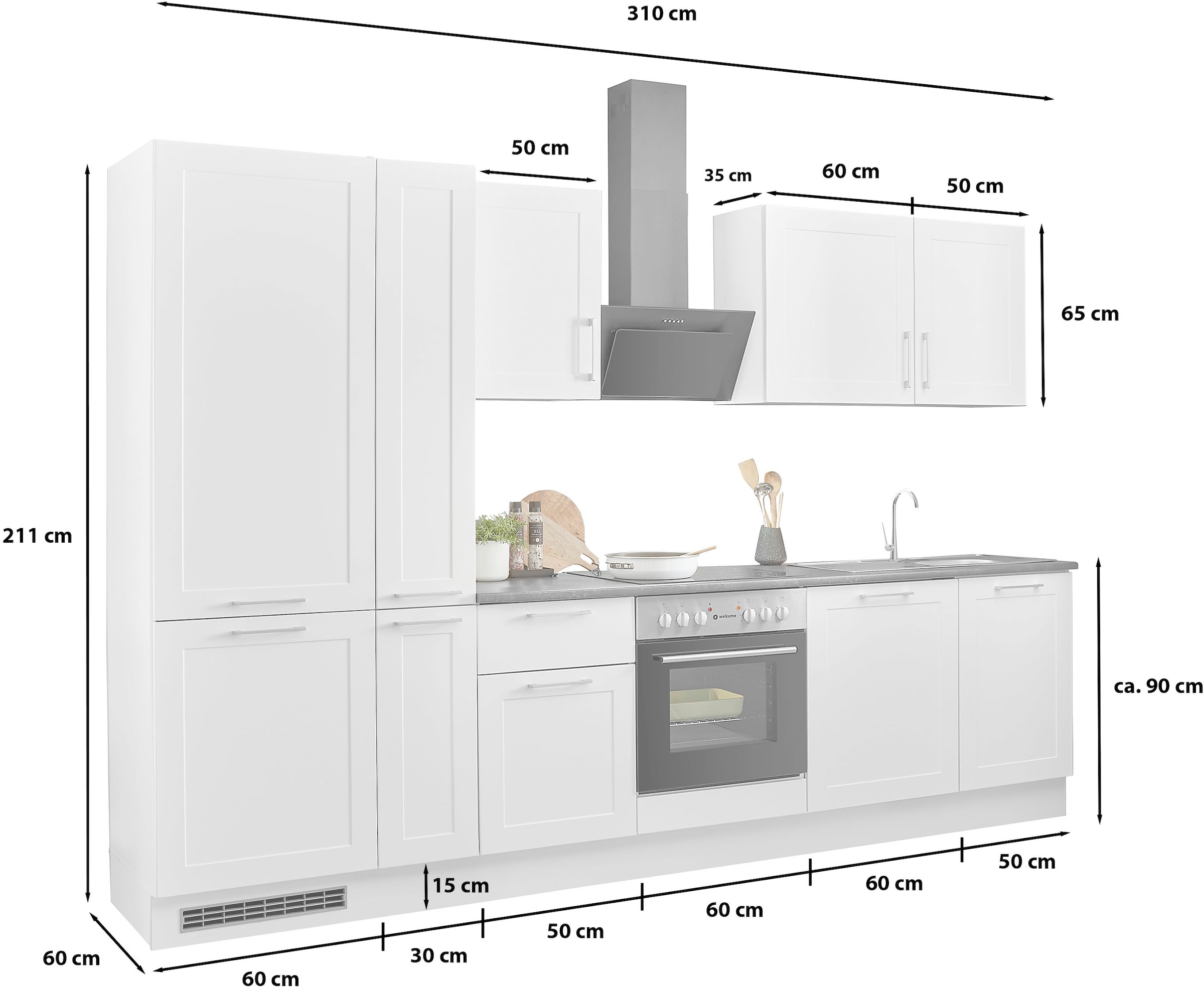 BASIC by Balculina Küchenzeile »Marsi« Breite 310 cm, wahlweise mit E-Geräten, mit Soft-Close-Funktion