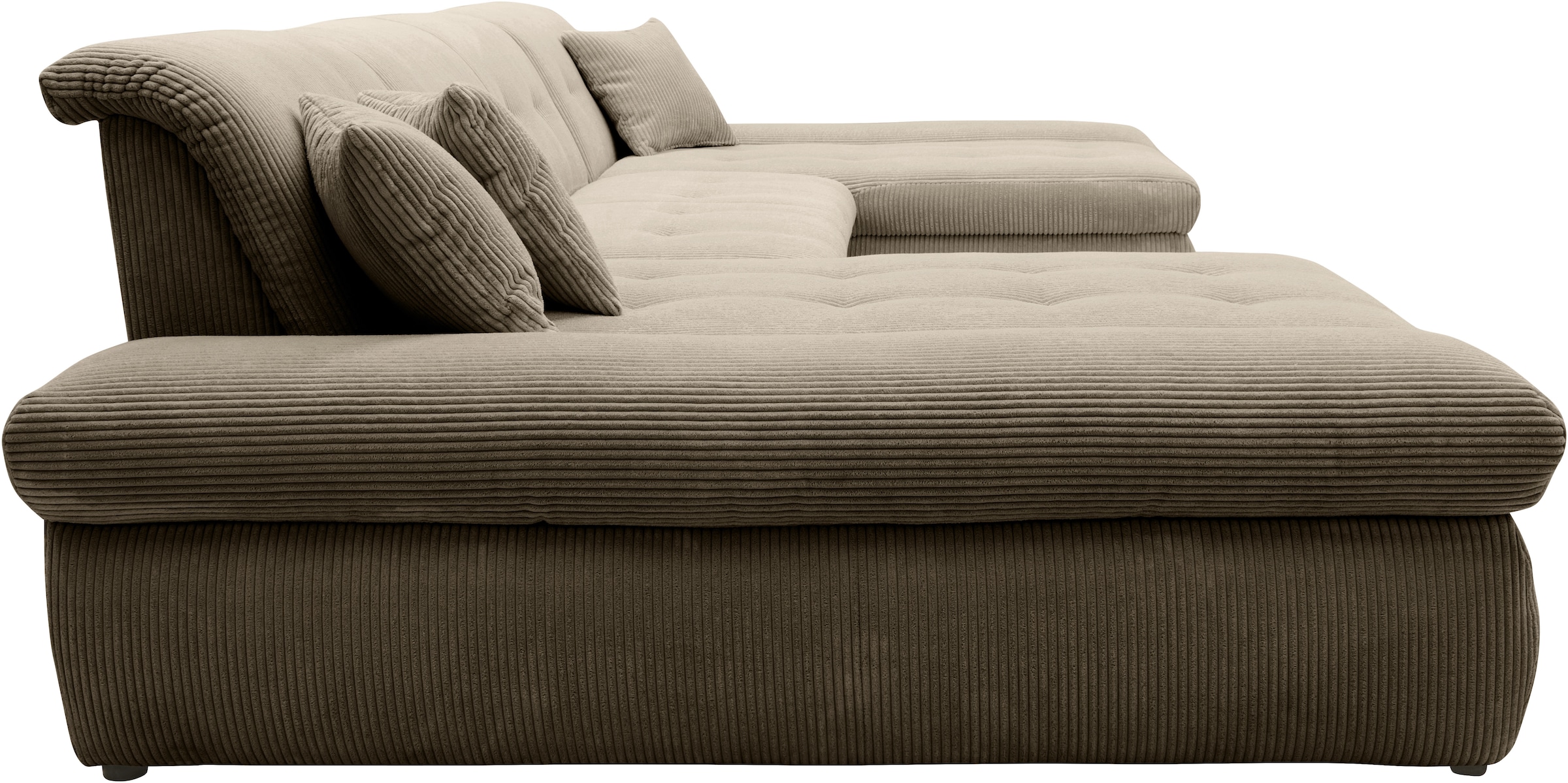 DOMO collection Wohnlandschaft »Moric wahlweise mit Bettfunktion und Armteilverstellung, XXL«, U-Form, beidseitig mit Recamiere, incl. Zierkissen, Cord-Bezug