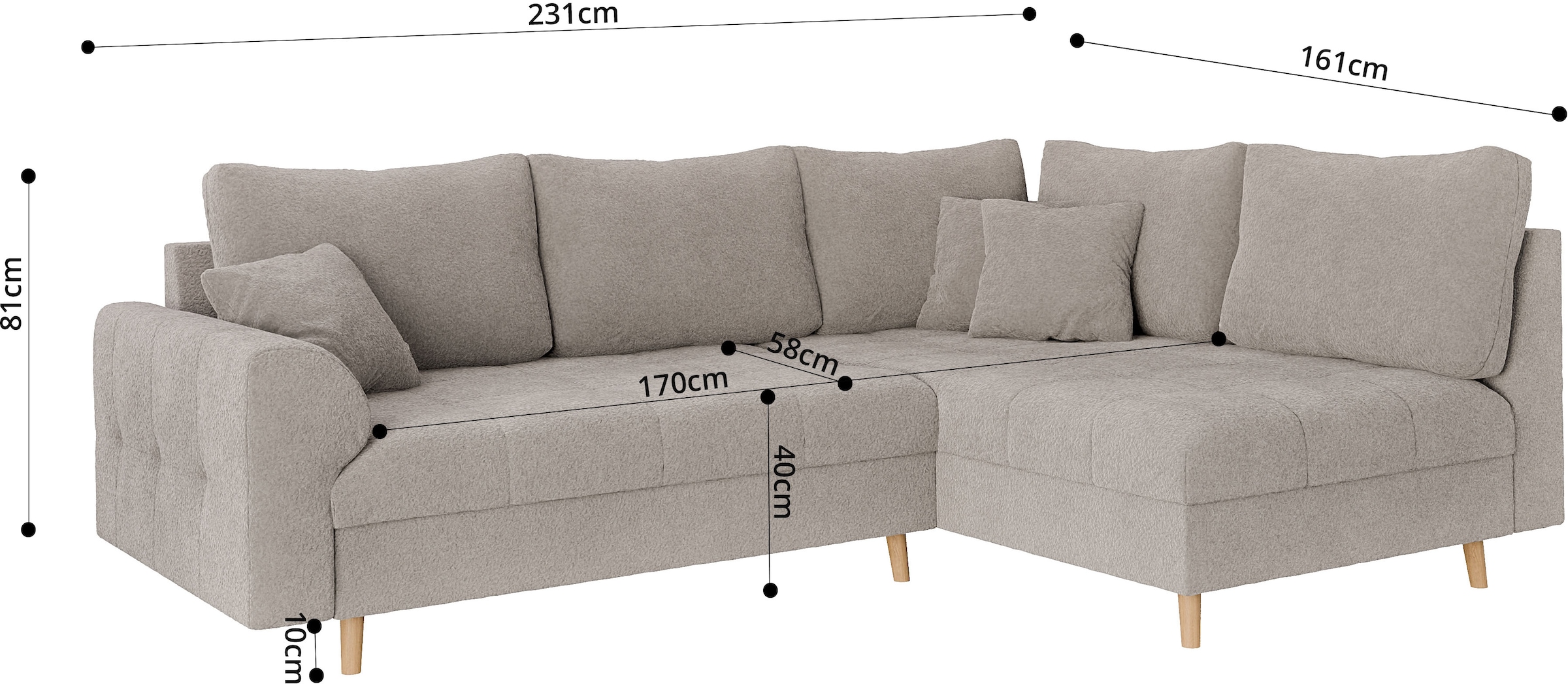 Home affaire Ecksofa »CHARRE L-Form mit Ottomane, Maße B/T/H: 231/161/81 cm«, feine Steppung, lose Rücken- und Zierkissen, auch in Cord und Bouclé