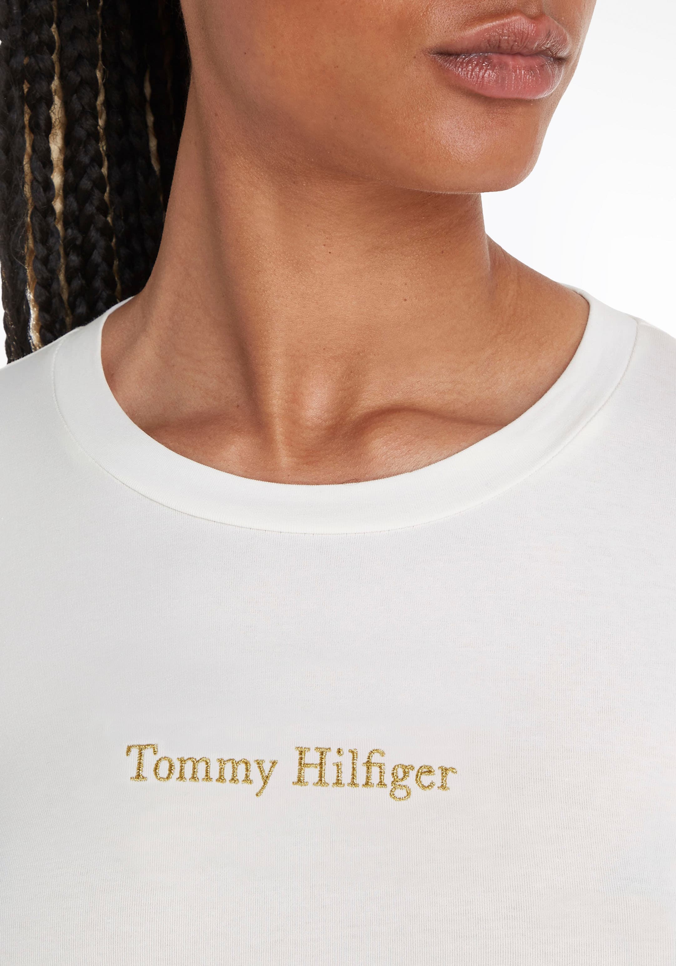 Tommy Hilfiger mit »SLIM LS«, & Print Markenlabel ♕ Tommy METALLIC metallicfarbenen Langarmshirt NY Hilfiger bei C-NK
