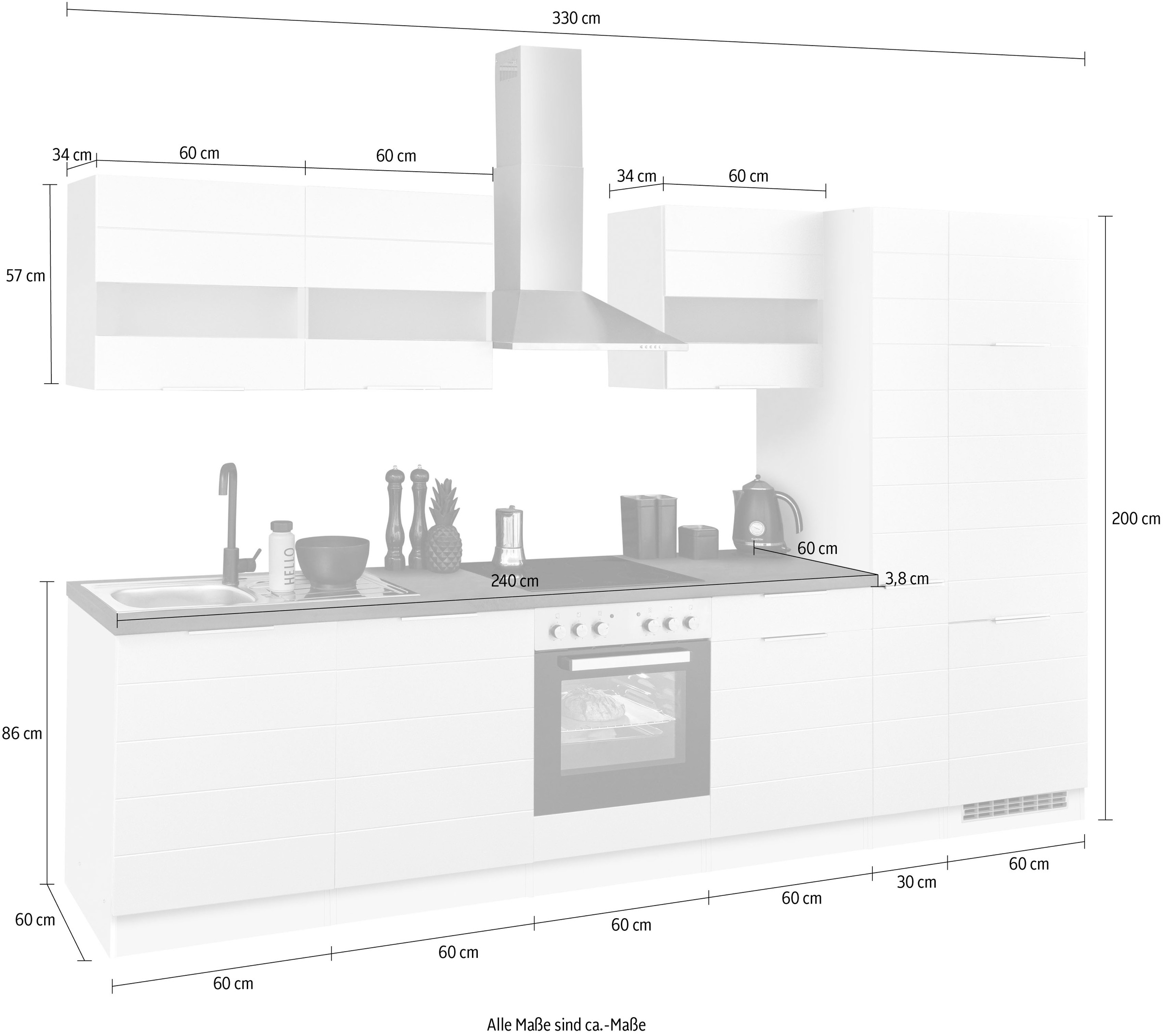 KOCHSTATION Küchenzeile »KS-Luhe« 330 cm breit, wahlweise mit oder ohne E-Geräten, gefräste MDF-Fronten