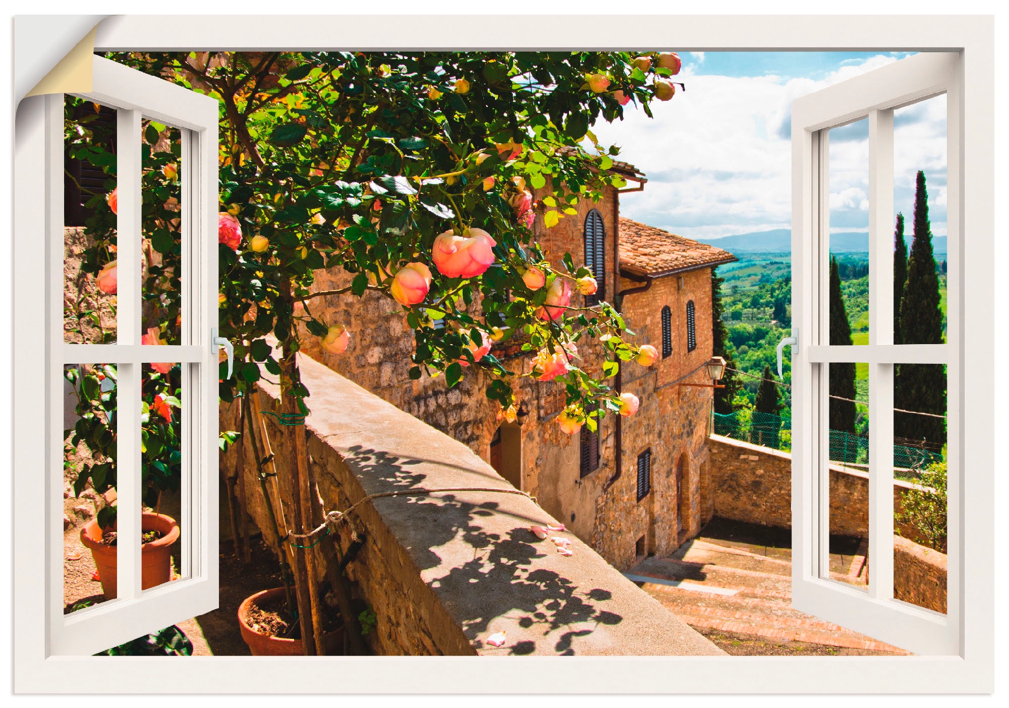 Artland Wandbild »Fensterblick Rosen auf Balkon Toskana«, Garten, (1 St.), als Alubild, Outdoorbild, Leinwandbild, Poster, Wandaufkleber