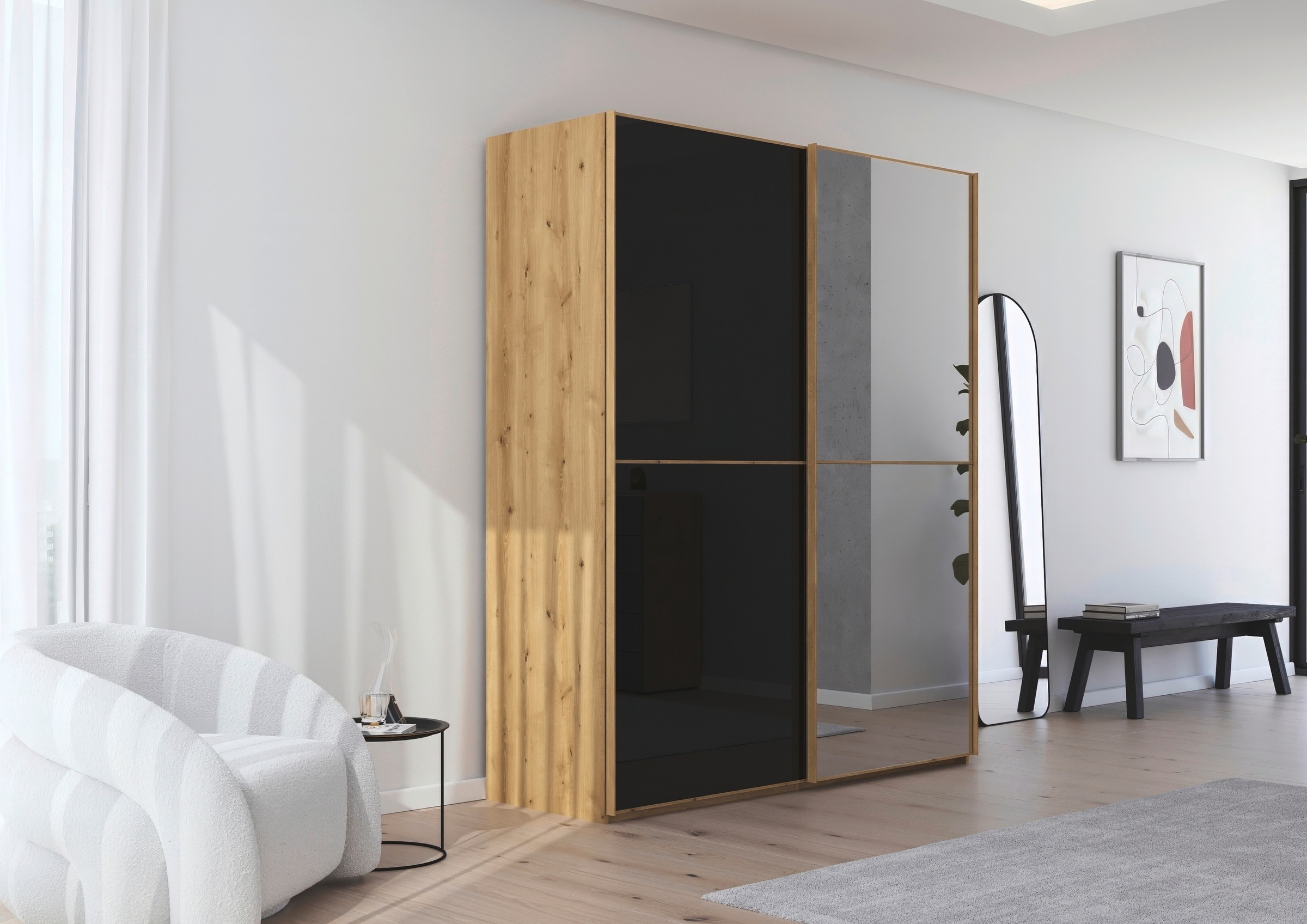 rauch Schwebetürenschrank »Kleiderschrank Schrank Garderobe Schlafzimmerschrank SCALE-DUO« edle zweigeteilte Türen Spiegel/Glas-Mix 3 Zierleisten MADE IN GERMANY