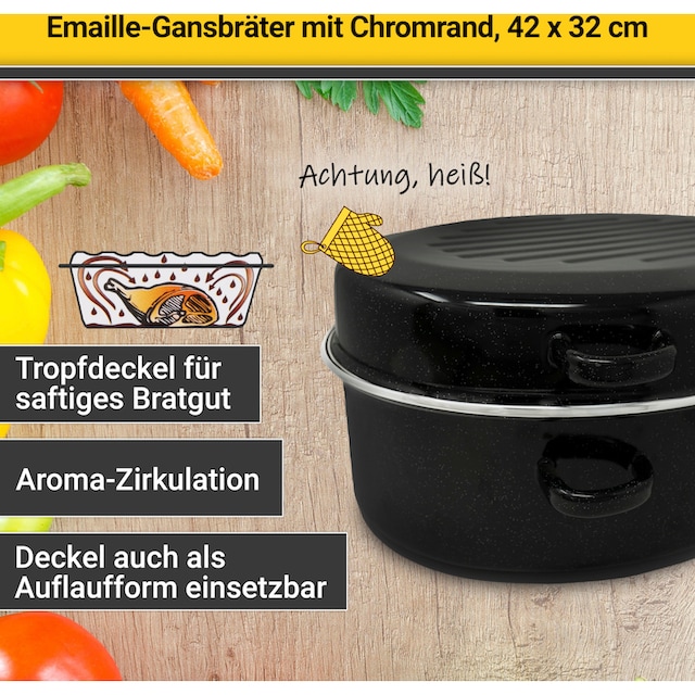 Krüger Bräter, emailliertes Stahlblech, gesprenkelt mit Chromrand, 42 cm,  Induktion mit 3 Jahren XXL Garantie