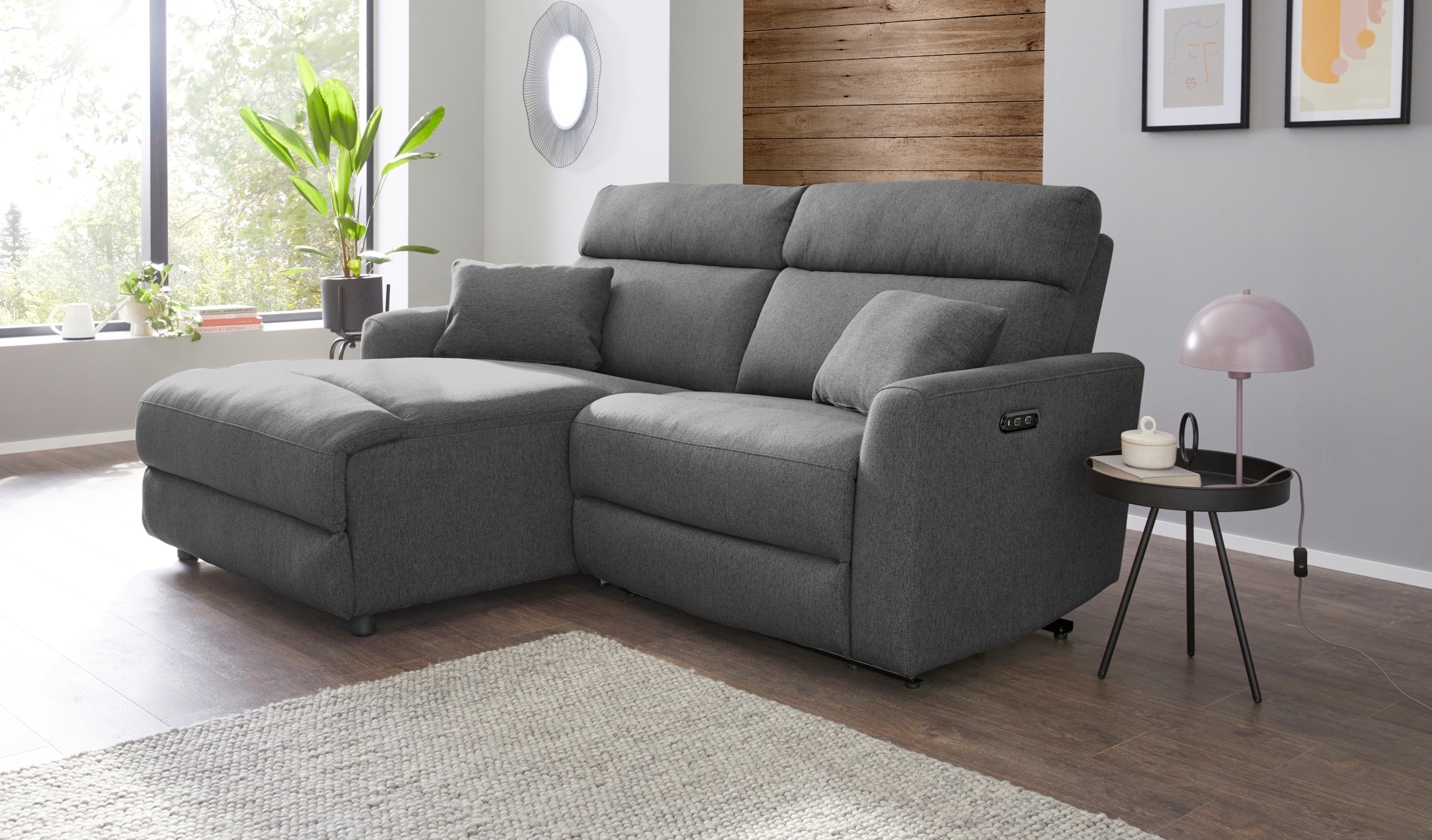 INOSIGN Ecksofa »JENNA, L-Form, 209cm, manuelle u. elektrische Funktion, mit USB A/C,«, Liegefunktion 105°-150°, Federkern, Struktur fein