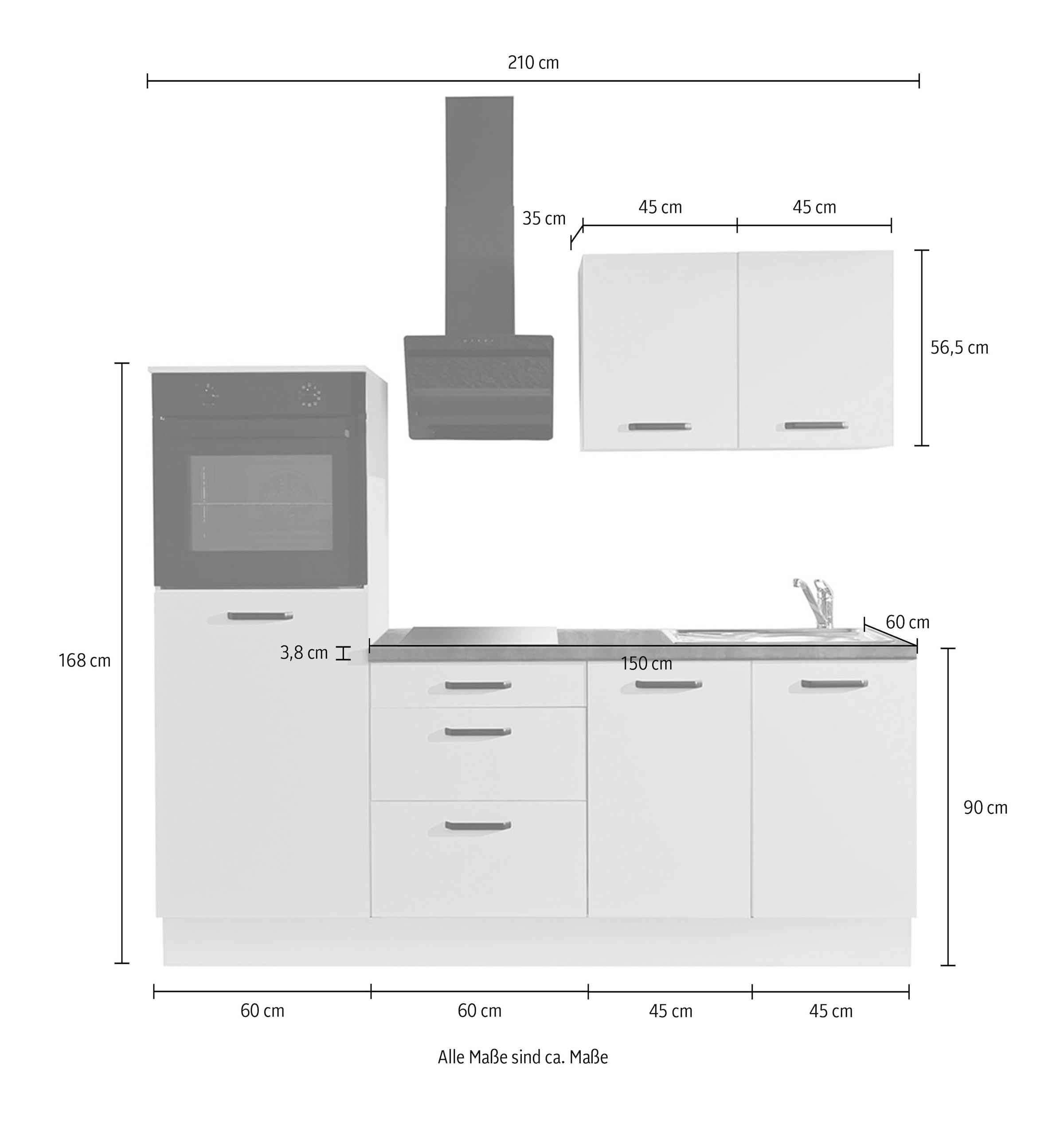 wiho Küchen Küchenzeile »Compact: Kleines Format, große Ausstattung, optional mit E-Geräten« Variante ohne Kühlschrank, Breite 210 cm