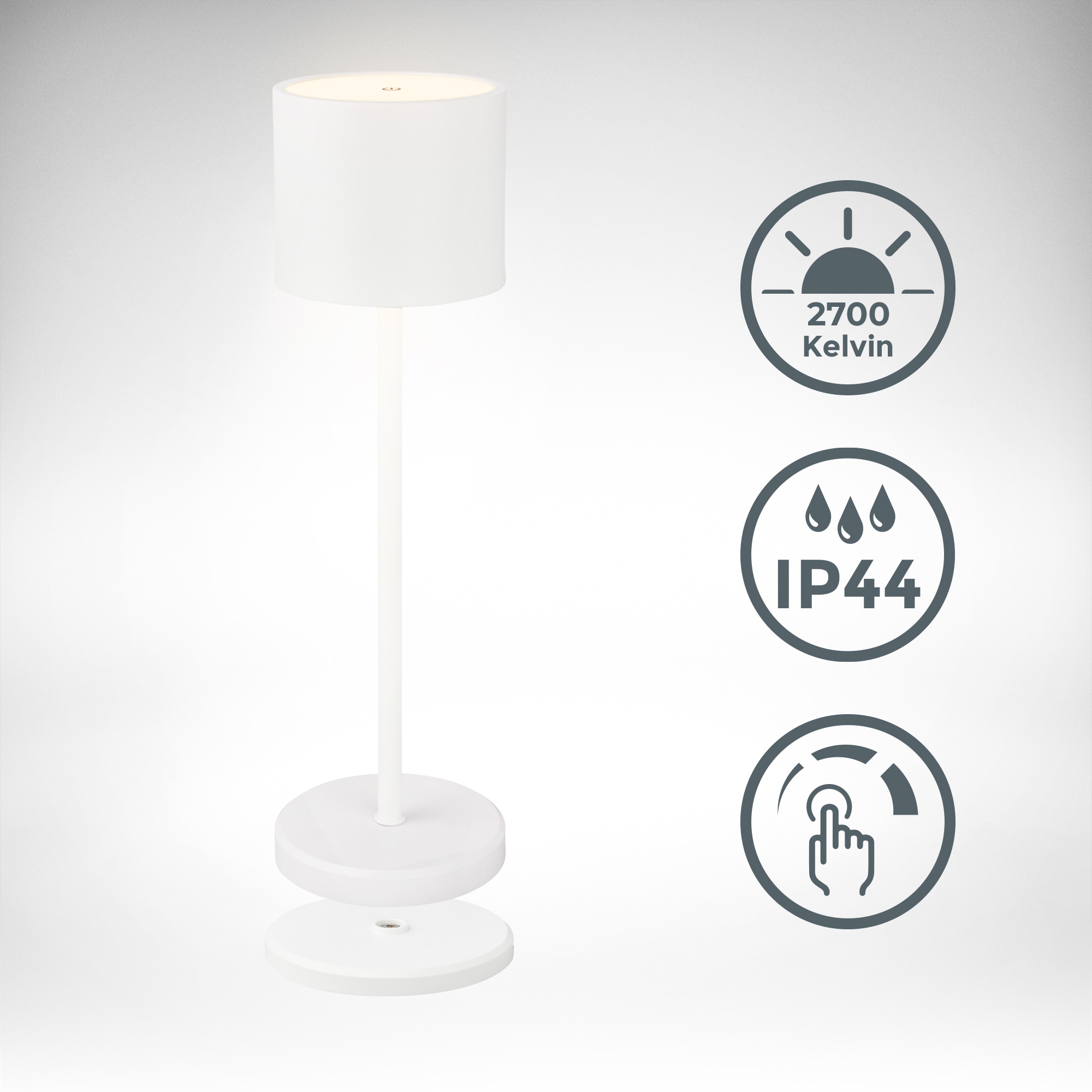 B.K.Licht Außen-Tischleuchte »BK_TL1607 Akku Tischlampe mit Ladestation, 3-Stufen Touchdimmer, IP44« LED-Modul 1 Stk. Extra-Warmweiß 3.000 K, 230 Lm, 2,5W, Akku wechselbar, max. 12h Leuchtdauer, Weiß