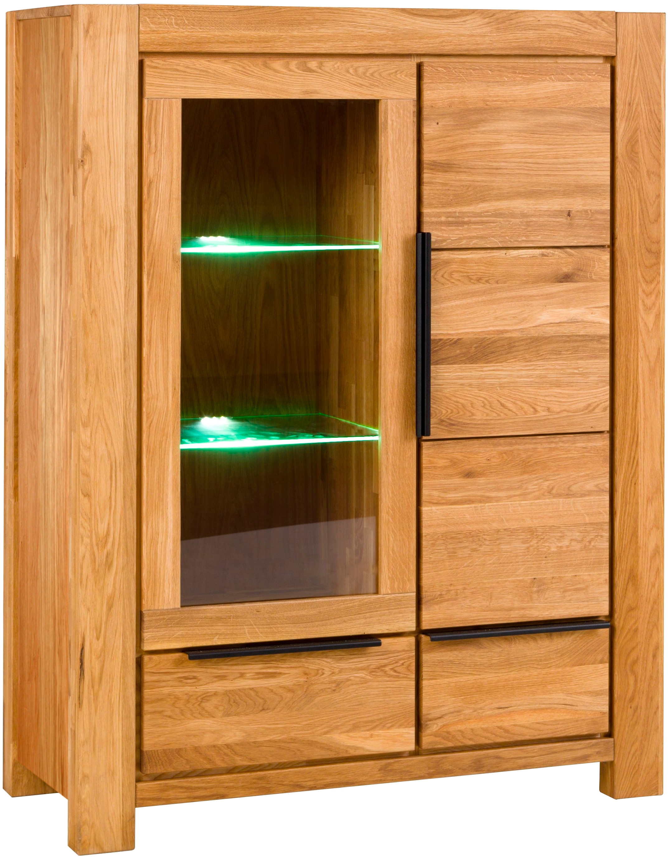 Home affaire, Vitrine Fächer und Schubkasten mit Selbsteinzug. Front&Deckplatte Massiv Eiche, braun, FSC -zertifizierter Holzwerkstoff, Furnier, Glas,