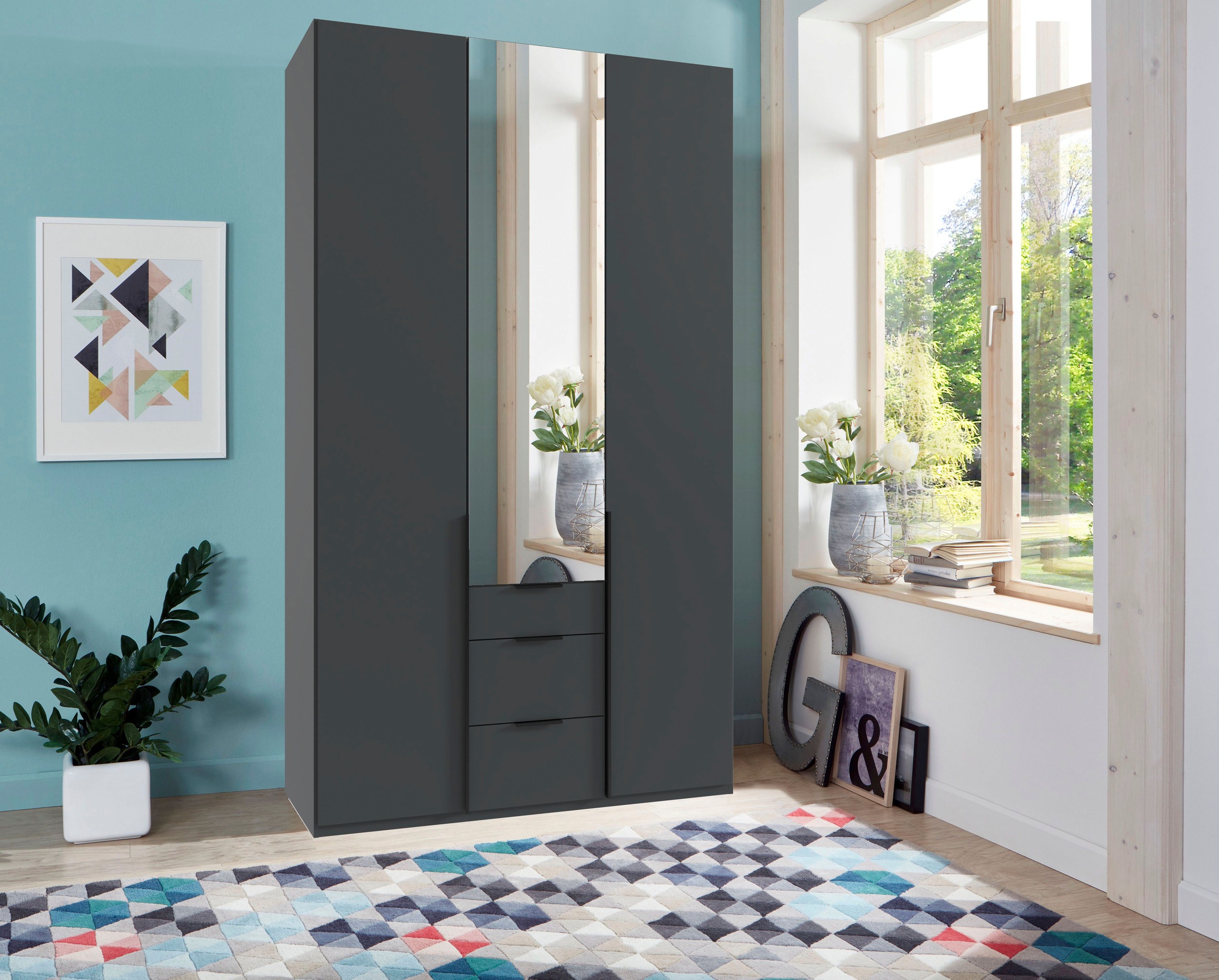 Wimex Drehtürenschrank »Mugano, 135 oder 180cm breit, 208 oder 236cm hoch, Made in Germany«, (mit langen Griffstangen aus Metall), wahlweise mit oder ohne Spiegel, mit Schubladen