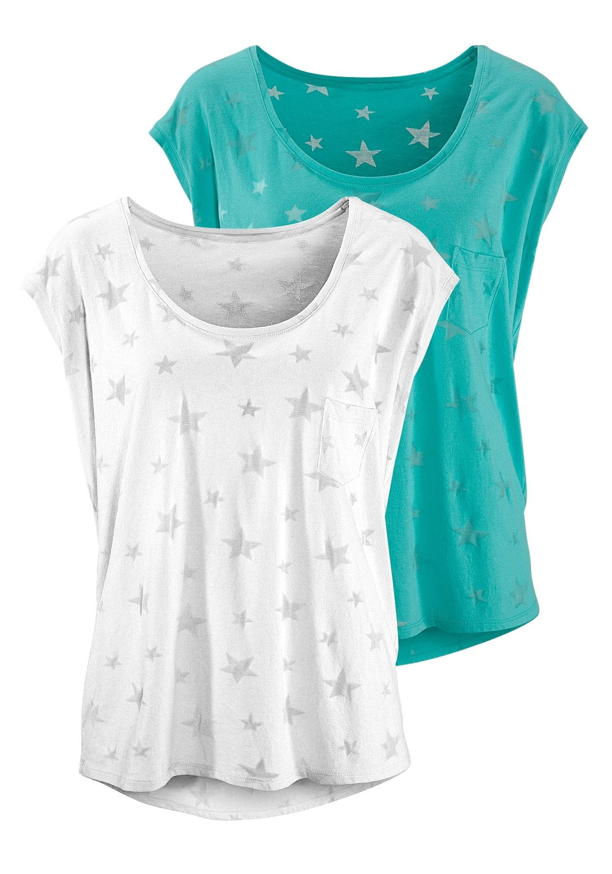 Beachtime Kurzarmshirt »mit leicht transparenten Sternen«, (2er-Pack), aus weicher Ausbrenner-Qualität