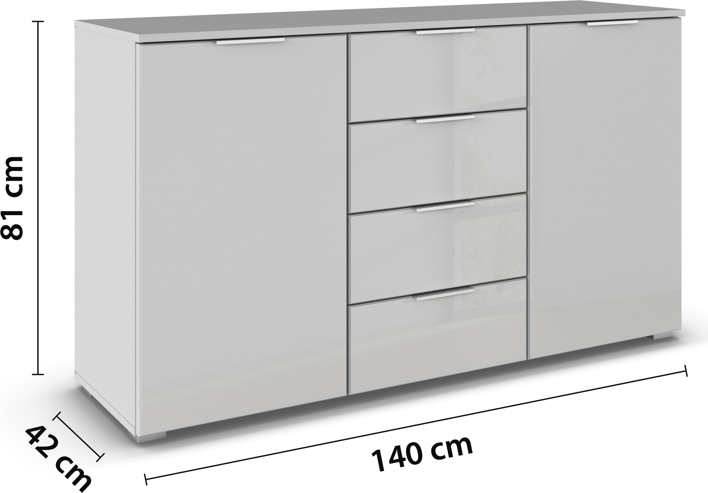 rauch Kombikommode »Sideboard Kombikommode Schubladenkommode AGORDO mit Glasfront«, (in zwei Griff-Farben), mit 4 Schubkästen und 2 Türen sowie Metallgriffen MADE IN GERMANY