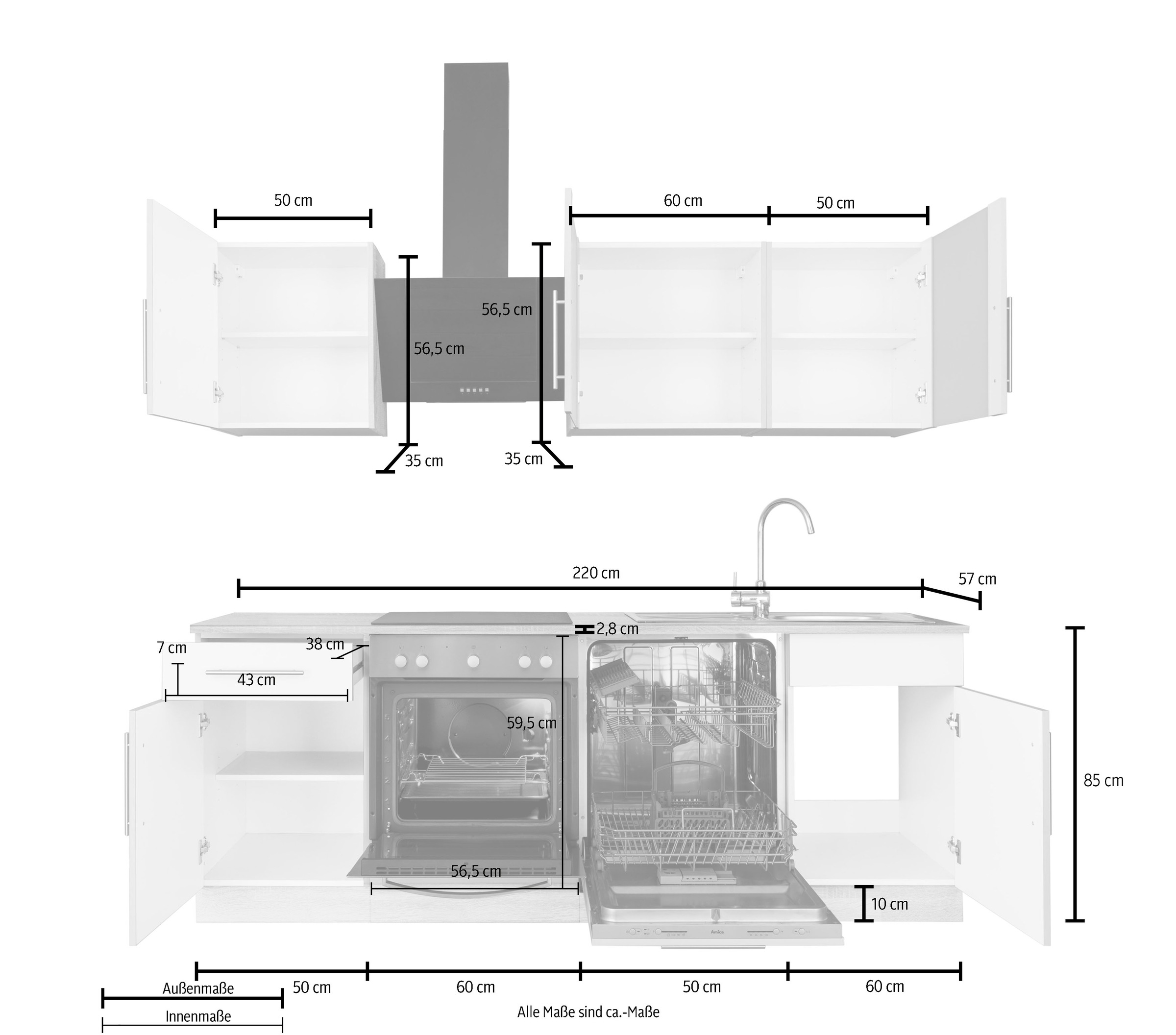 wiho Küchen Küchenzeile »Cali«, mit E-Geräten, Breite 220 cm auf Raten  bestellen | Küchenzeilen mit Geräten
