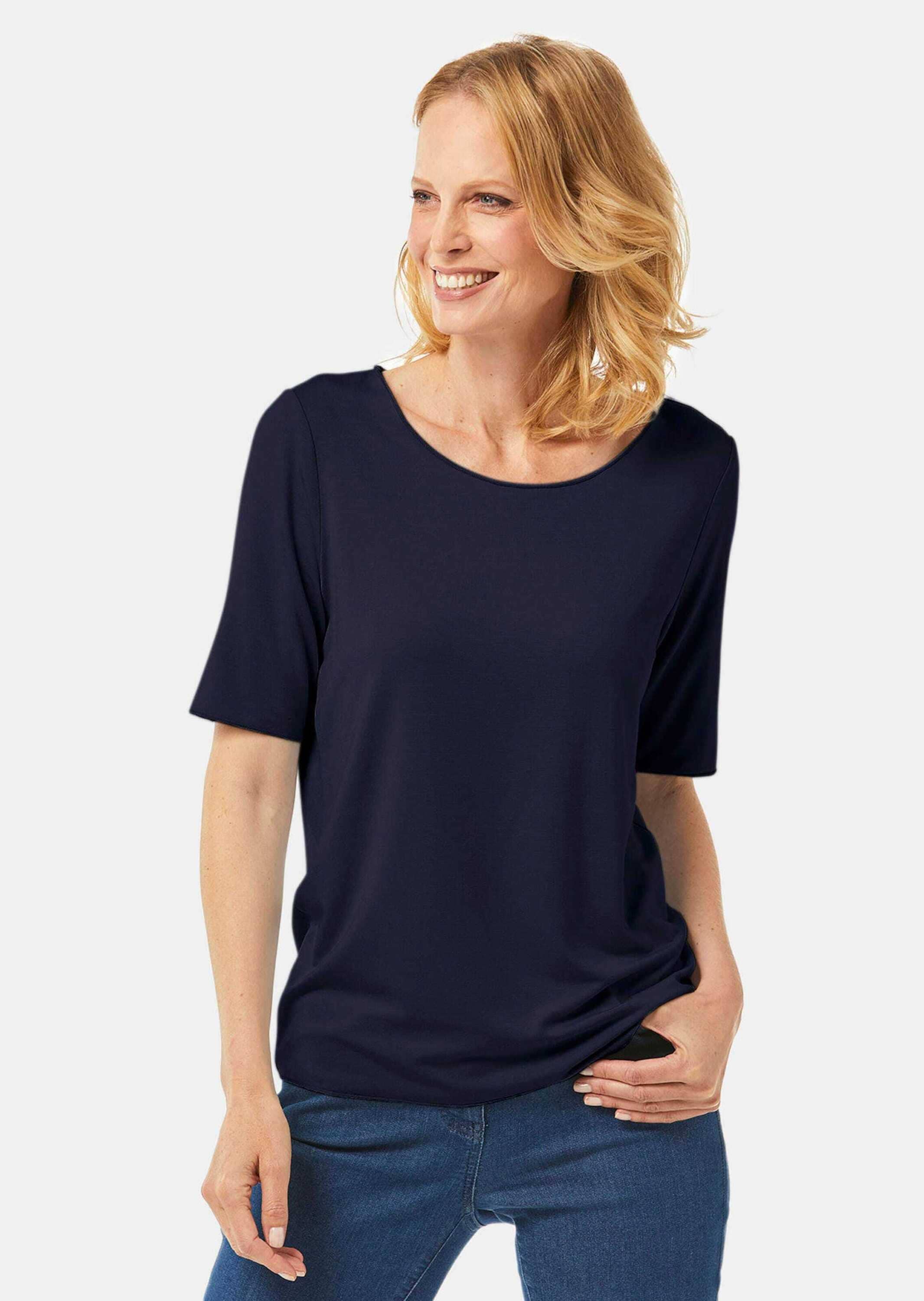 GOLDNER Langarm-Poloshirt »Rundhalsshirt Kombistarkes Halbarmshirt mit tonaler Zierkante«