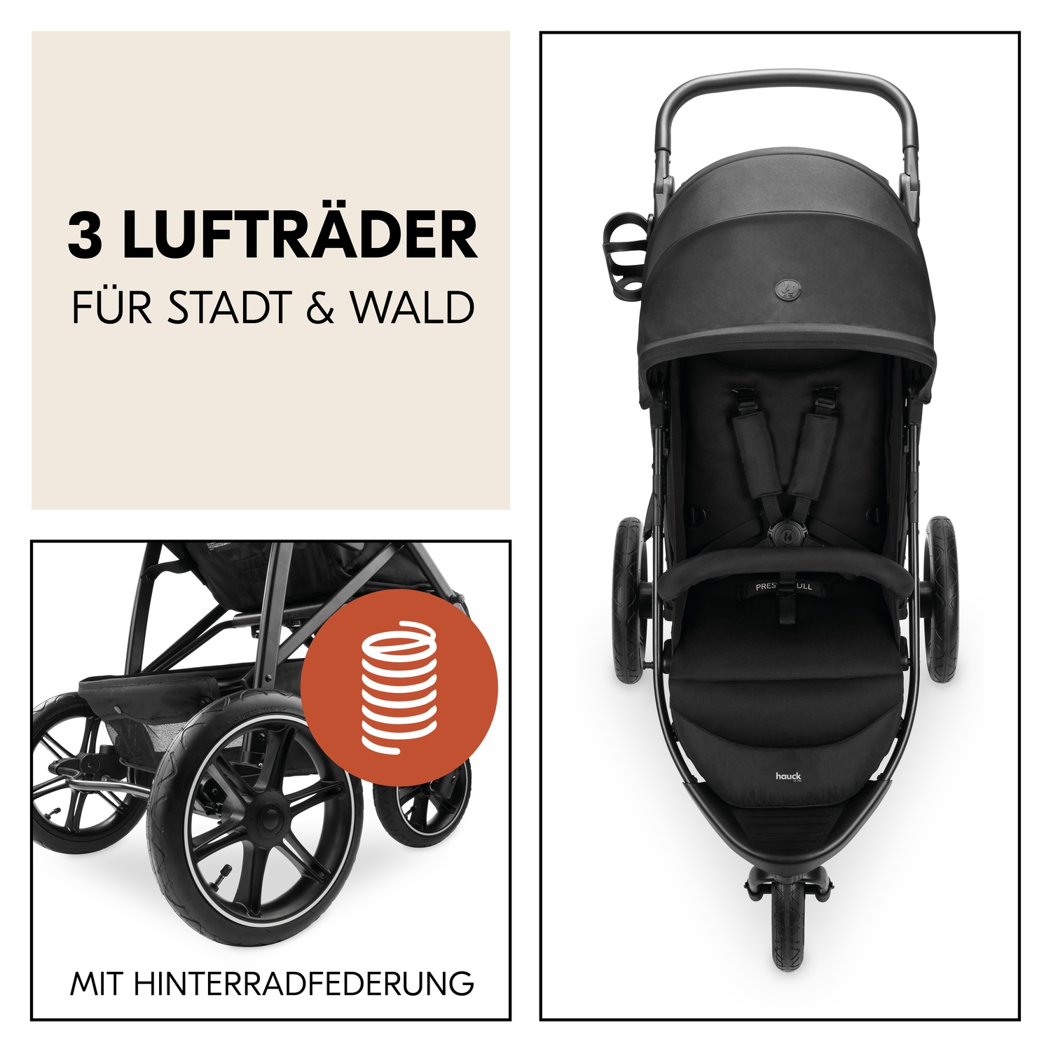 Hauck Kinder-Buggy »Dreiradbuggy, Rapid 3 Air, black«, 22 kg, mit schwenk/feststellbarem Vorderrad; Lufträder; bis 22 kg belastbar