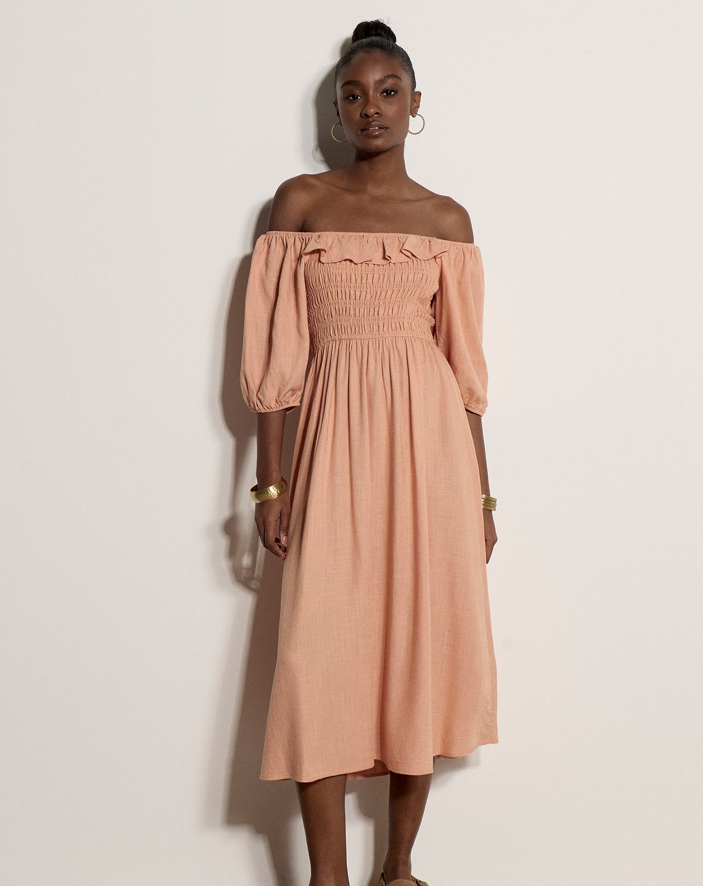 Apricot Maxikleid »Langes Kleid mit Bardot-Ausschnitt« mit Raffungen