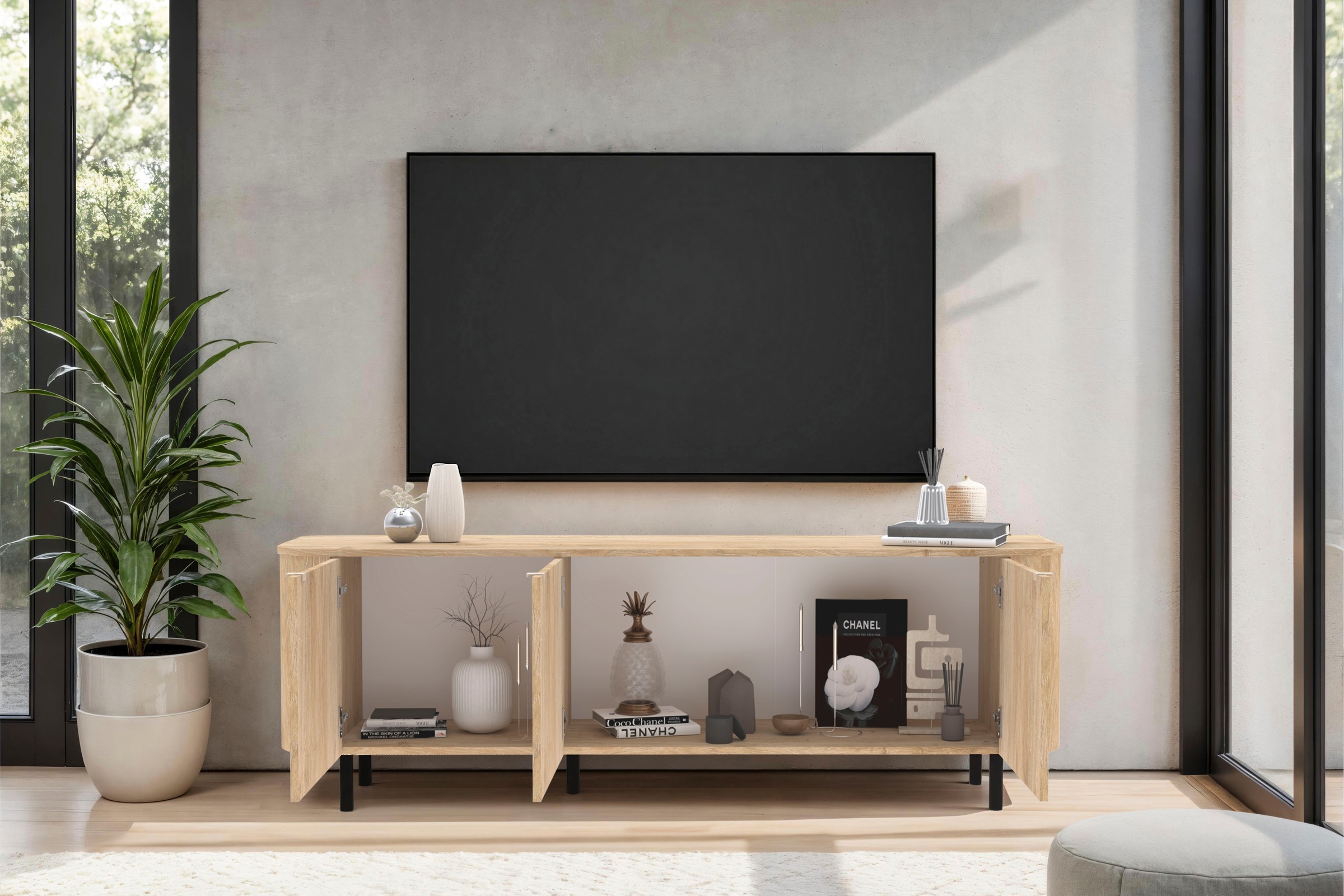 Home affaire Lowboard »Murano, 181 cm breit, 3 Türen, TV-Schrank, TV-Kommode, Medienboard« Formgebogenes MDF, Stirnseiten mit Rundung, Füße und Griffe aus Metall