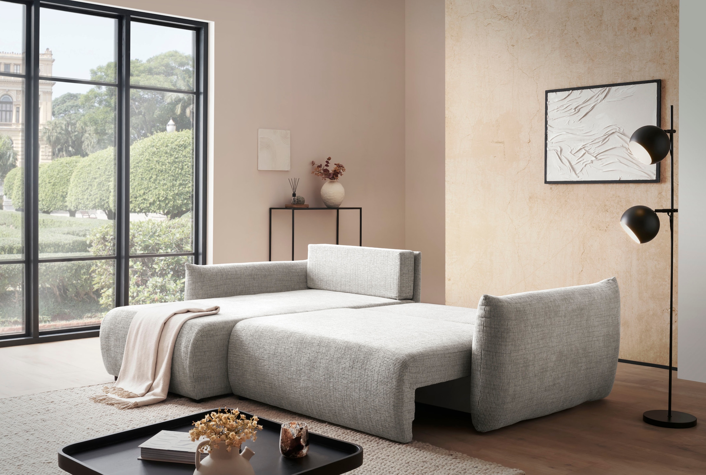 INOSIGN Ecksofa »MAVAS Schlafsofa mit Bettkasten, L-Form,«, ca.257/127cm (Liegefläche 212/145 cm), Cord, Chenille, Struktur