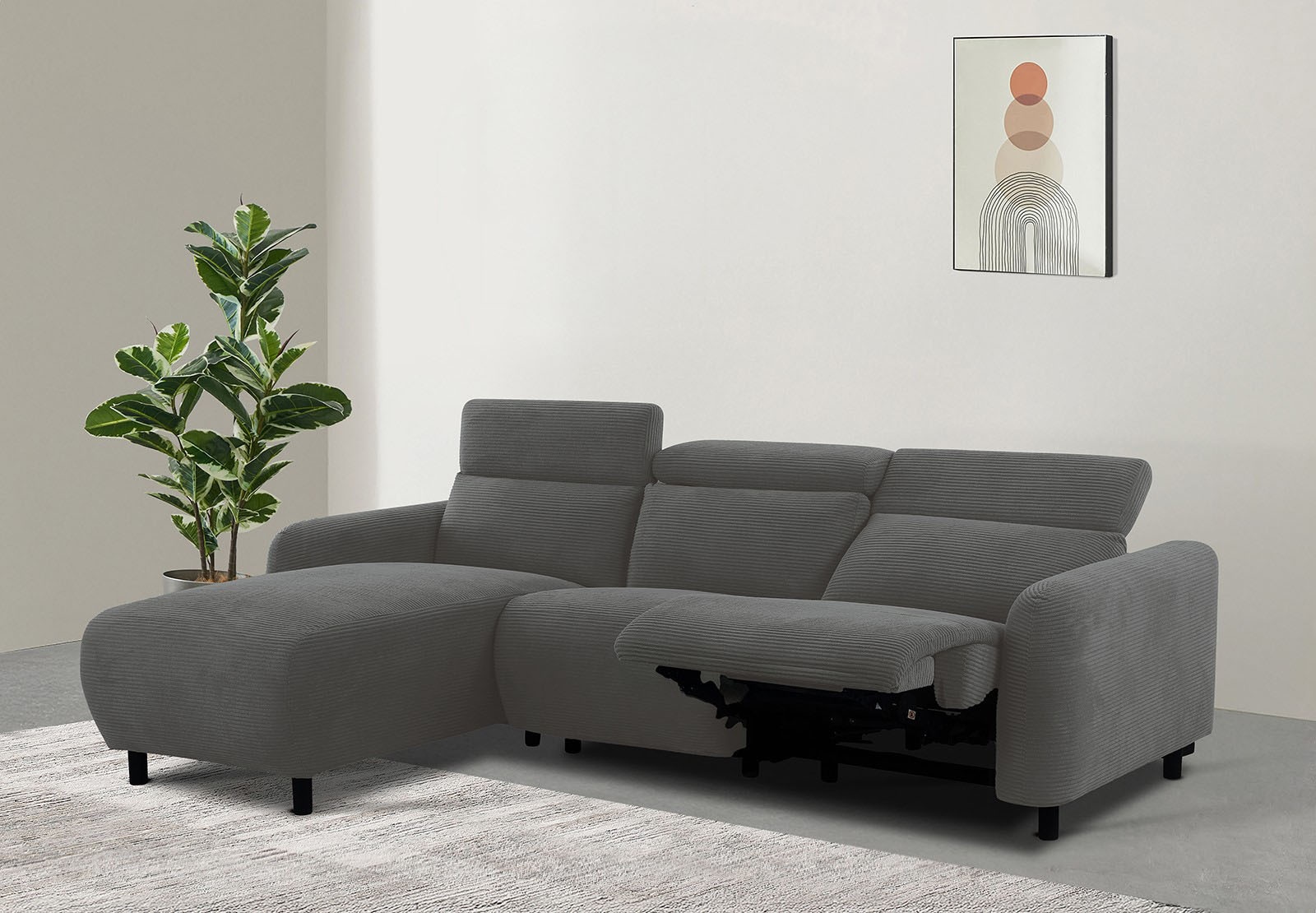 OTTO home Ecksofa »SKAANE in Cord, L-Form, 274 cm, manuelle u. elektrische Relaxfunktion,« rundes Design, Kopfteilverstellung, Federkernpolsterung