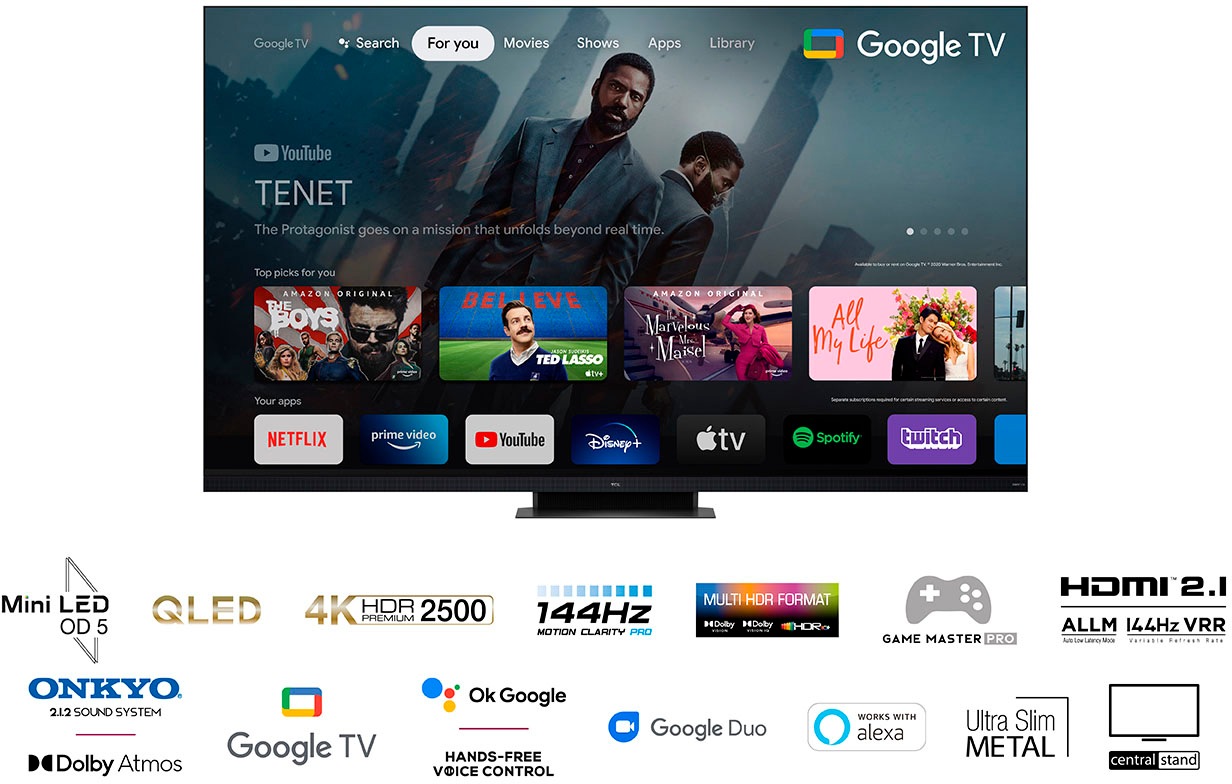 TCL QLED Mini LED-Fernseher »75C935X2«, 4K Ultra HD, Google TV-Smart-TV, 2500nits, HDR Extreme, Dolby Atmos, HDMI 2.1, ONKYO-Soundbar