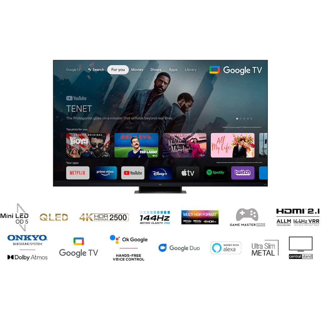 TCL QLED Mini LED-Fernseher »75C935X2«, 189 cm/75 Zoll, 4K Ultra HD, Google TV-Smart-TV, 2500nits, HDR Extreme, Dolby Atmos, HDMI 2.1, ONKYO-Soundbar