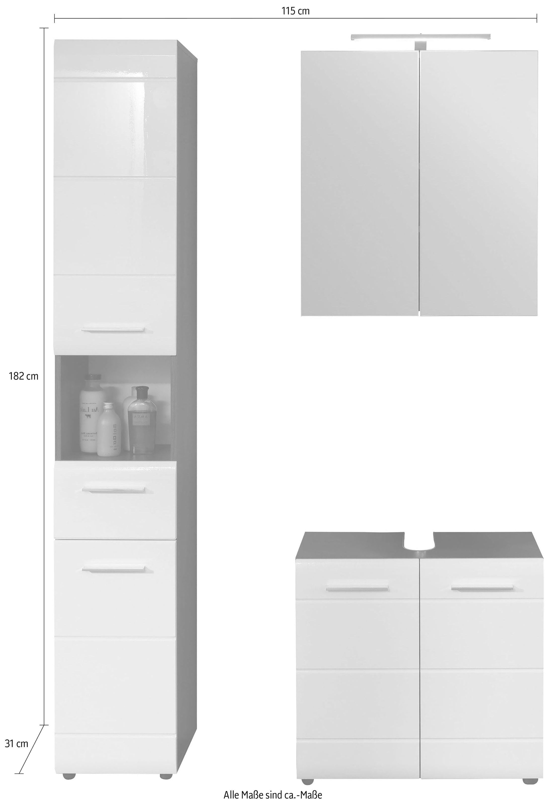 Holzoptik 3 (Set, Fronten mit St.), Jahren XXL Waschbeckenunterschrank, trendteam in LED-Beleuchtung, Spiegelschrank »Skin«, und mit Hochglanz- Badmöbel-Set 3 Hochschrank oder Garantie