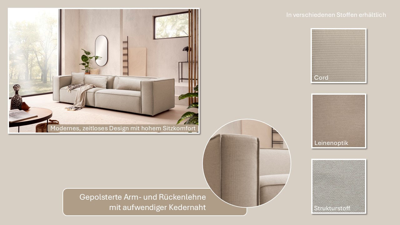 LeGer Home by Lena Gercke 3-Sitzer »PIARA, Couch mit Kedernaht, Sofa in Cord, Leinenoptik o. Strukturstoff«, schwarze Füße, bequemer Sitzkomfort