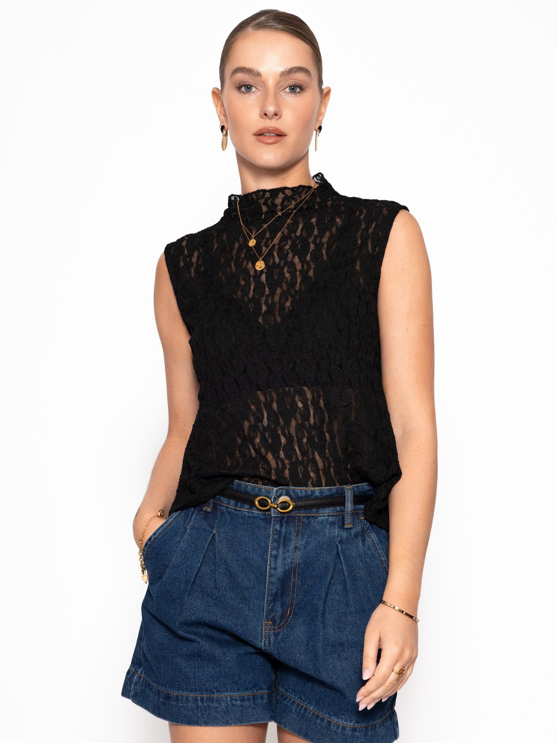SASSYCLASSY T-Shirt »Spitzen-Top mit Stehkragen« Leicht transparentes Top mit floralem Muster Schwarz Offwhite
