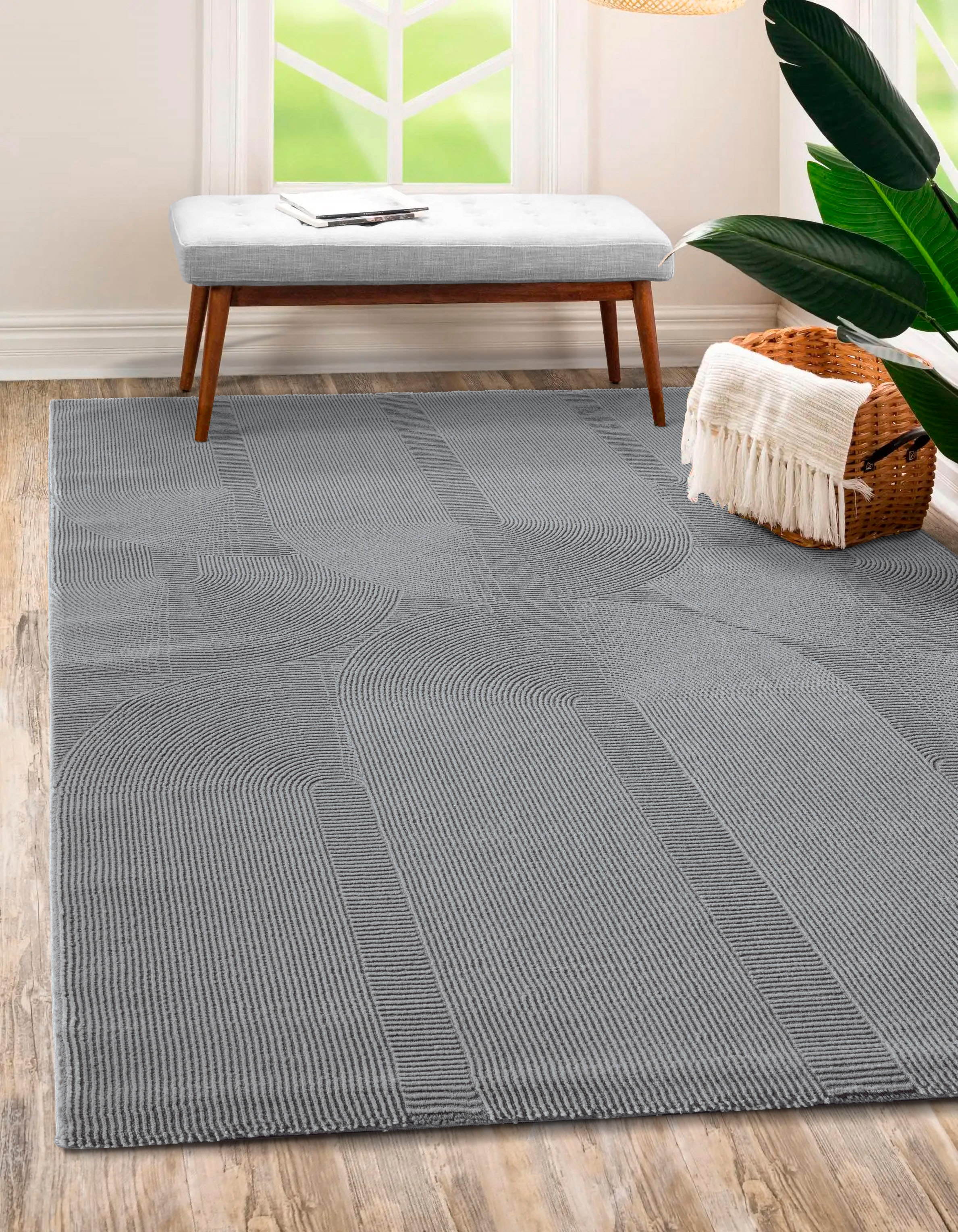 merinos, Teppich »Sign 1904« rechteckig 12 mm Höhe Hoch Tief Struktur, Geometrisch, 100% recyceltem Polyester, Wohnzimmer, grau, Polyester, B : 120 cm