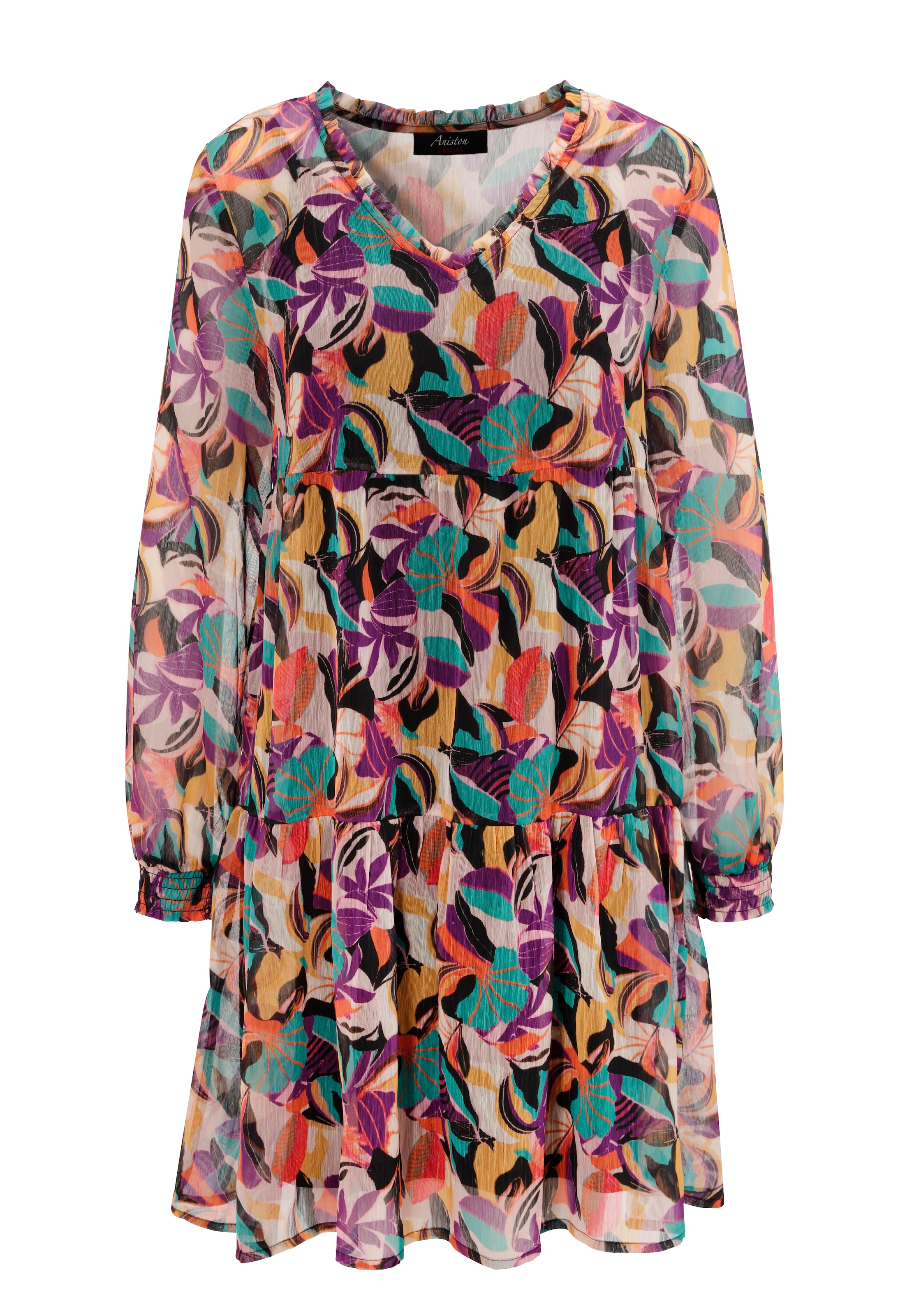 Aniston CASUAL Blusenkleid, (mit Jersey-Unterkleid), mit farbenfrohen, extravaganten Blättern bedruckt