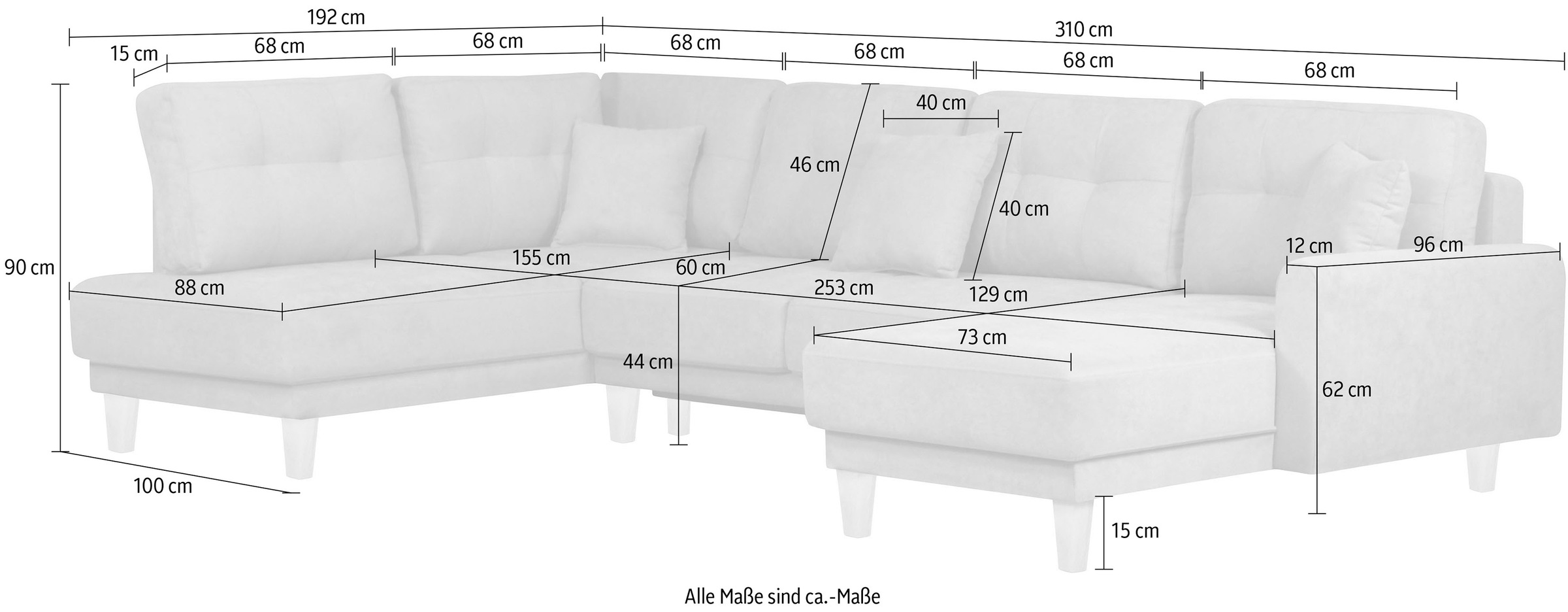 Home affaire Wohnlandschaft »TRIPLO U-Form wahlweise mit Schlaffunktion, B/T/H: 310/192/90 cm« Schlafsofa, auch mit Bettkasten, Steppung im Rückenkissen