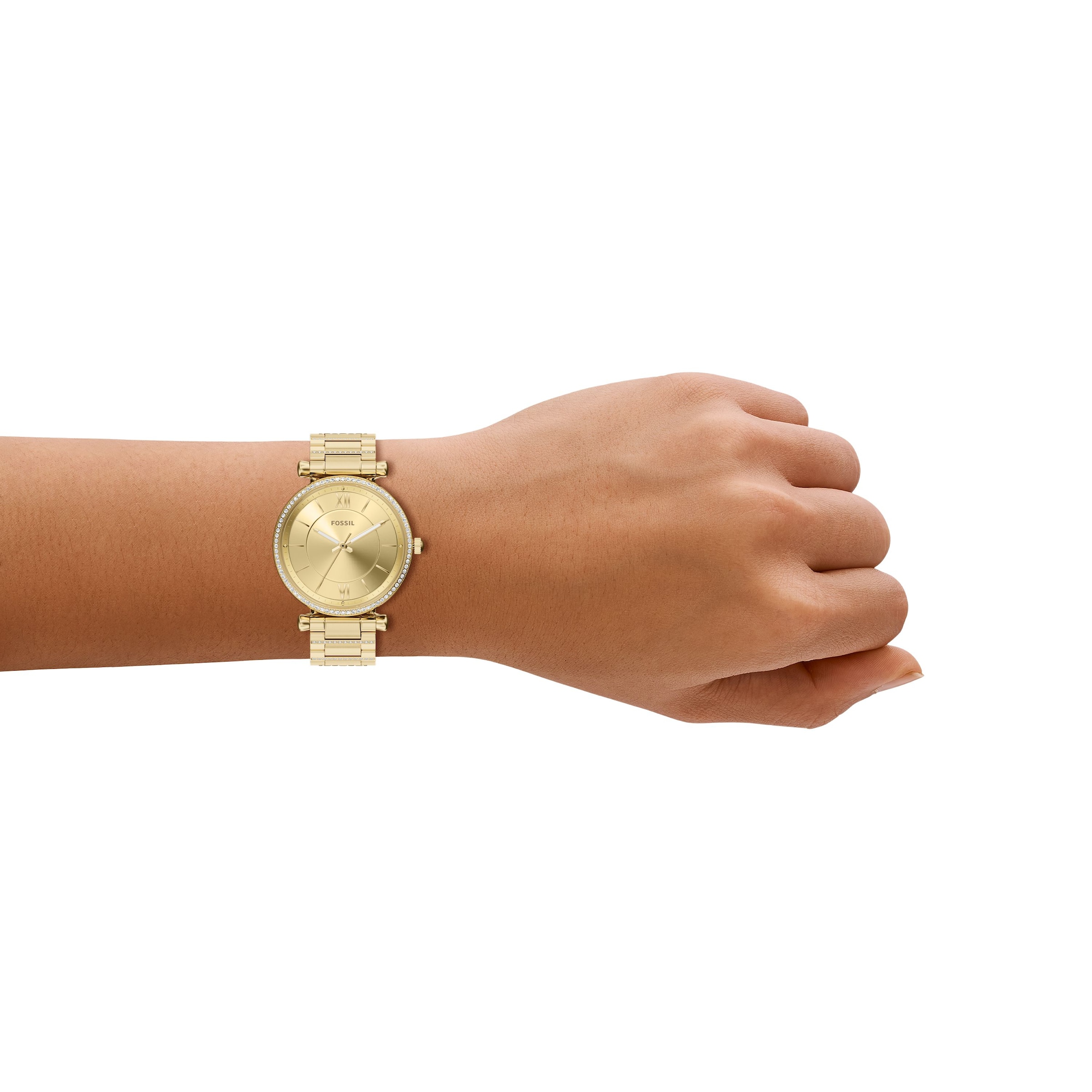 Fossil Quarzuhr »Carlie« Armbanduhr, Damenuhr, Edelstahlarmband, analog, Glassteine