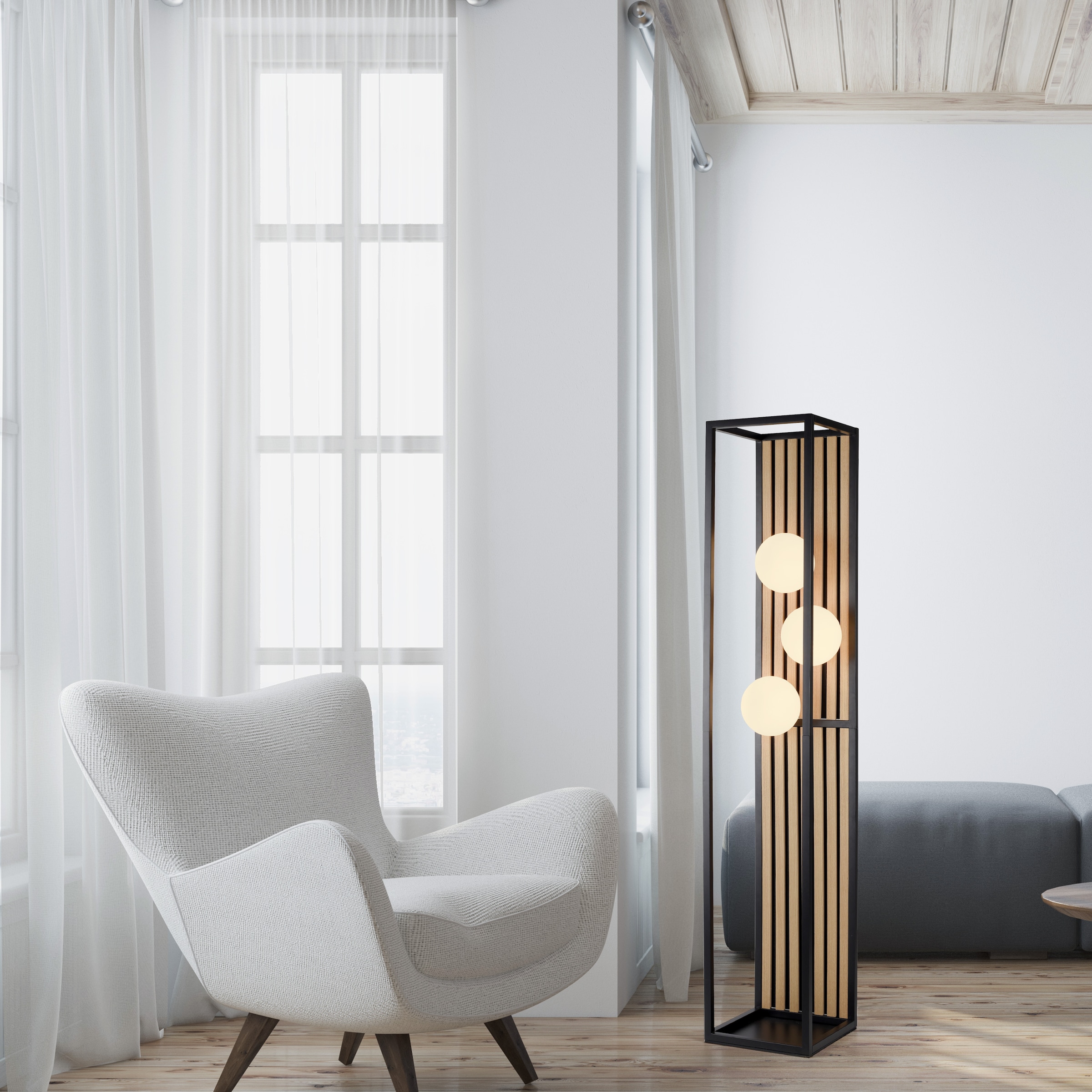 my home Stehlampe »Erinette Akustikpaneele mit Glaskugeln« E14 Warmweiß Holz, Akustik, Paneele, Glas, opal matt weiß, Stehleuchte, Fußschalter