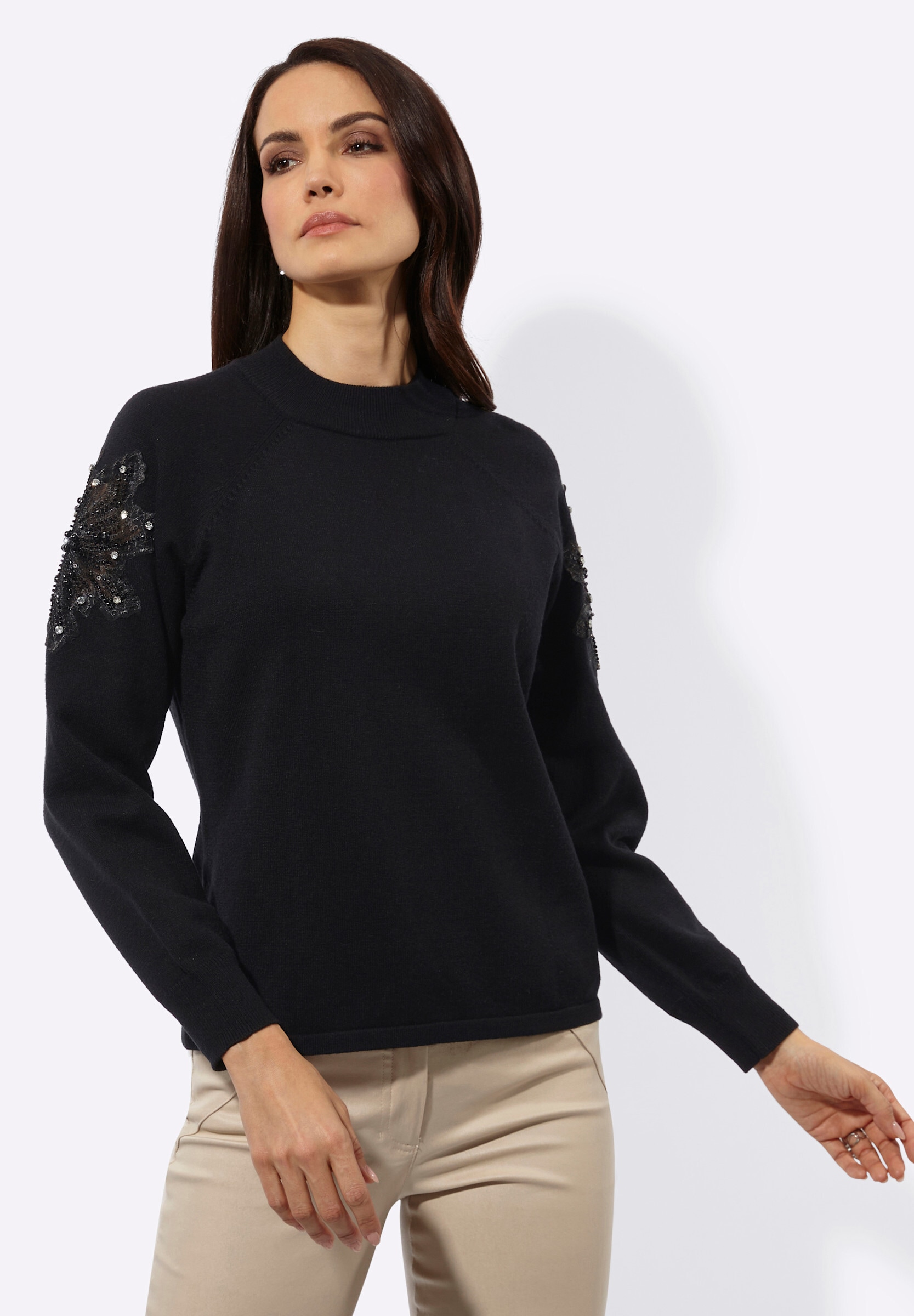 creation L Strickpullover »Modal-Mix-Pullover Langarm-Pullover mit besticktem Netzeinsatz«