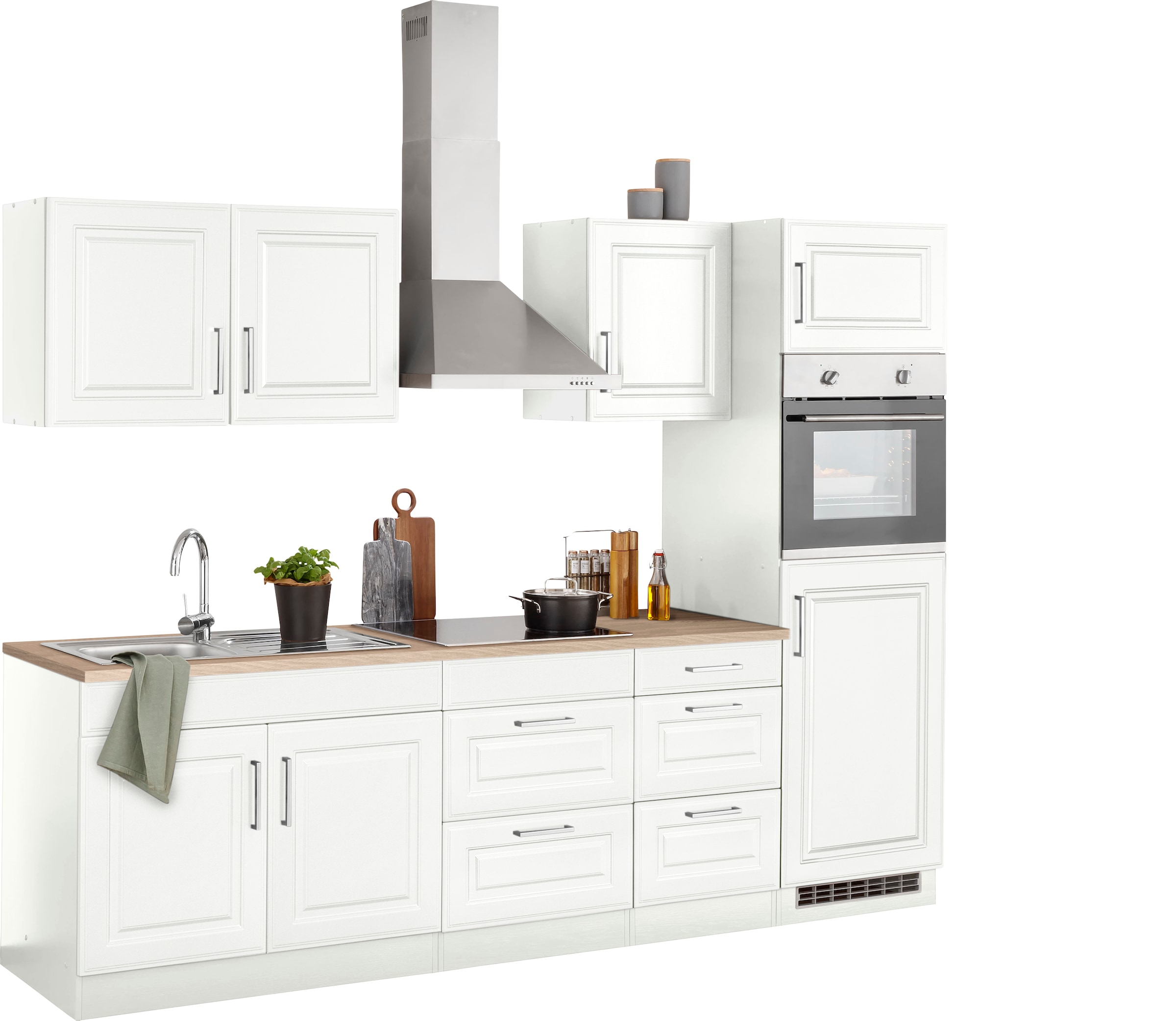 KOCHSTATION Küchenzeile »KS-Stockholm – Küche mit hochwertiger und detailreicher Landhausfront« Breite 280 cm, wahlweise mit E-Geräten,mit MDF-Fronten