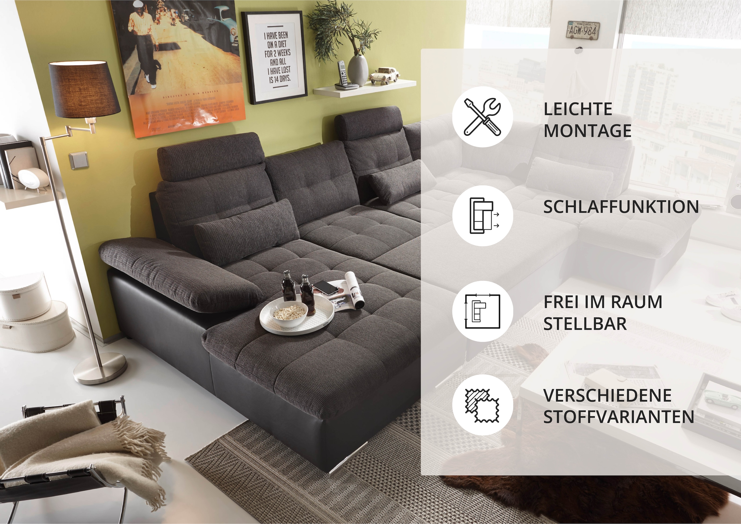 ED EXCITING DESIGN Wohnlandschaft »Jakarta U-Form mit Bettfunktion, Bettkasten« Armteilverstellung, Kopfstützen & 3 Nierenkissen