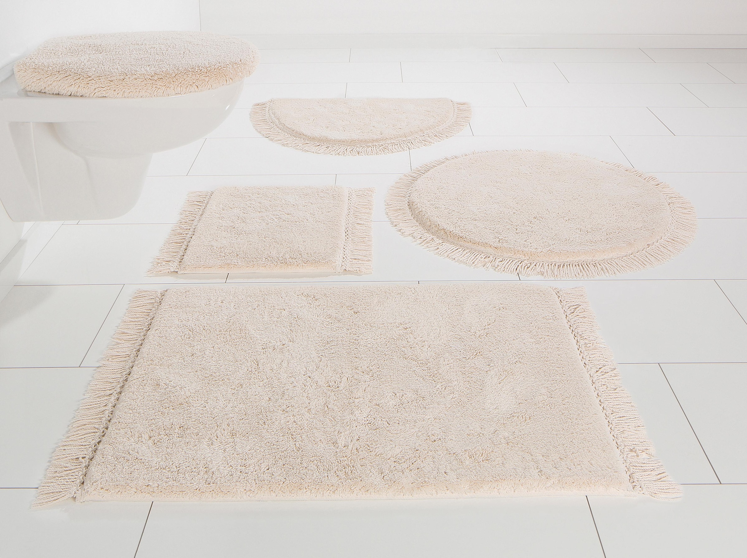 OTTO home Badematte "Finca, Badvorleger, Badezimmer Teppich" Höhe 16 mm rutschhemmend beschichtet fußbodenheizungsgeeignet  strapazierfähig Fransen, Boho, Badteppich, Bio-Baumwolle, auch als 3 teiliges Set
