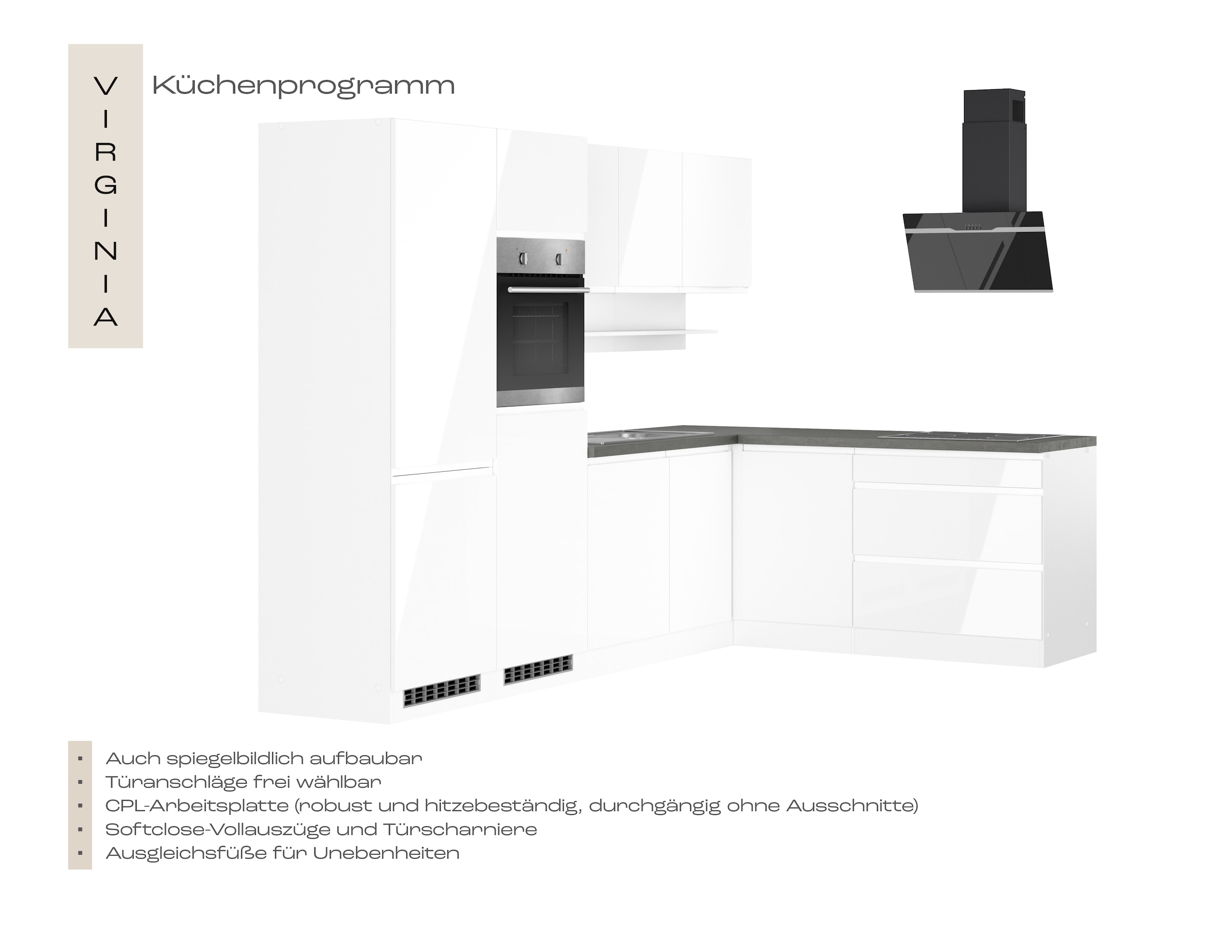 KOCHSTATION Winkelküche »KS-Virginia,neu in verbesserter Ausführung« Arbeitsplatte 38 mm stark, Stauraum, Softclose,  Stellbreite 290/180 cm, Soft-Close, ohne E-Geräte