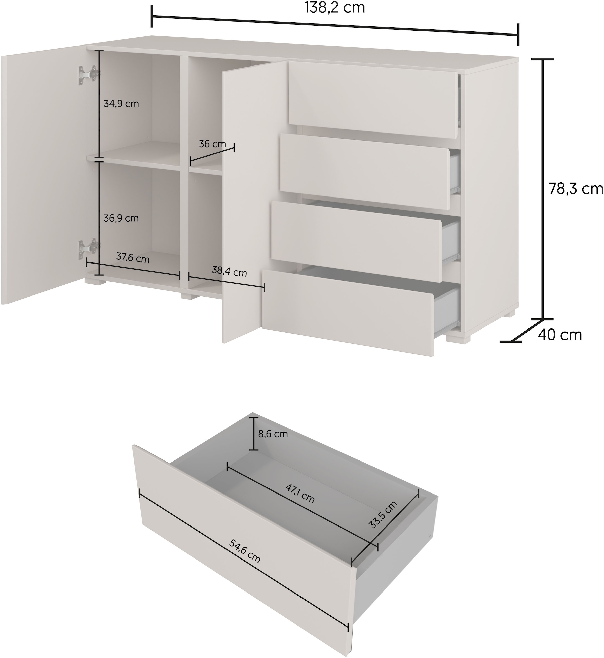 OTTO home Sideboard »Metric,Breite 138 cm, grifflose Kommode 2 Türen/4 Schubkästen« Schubladenschrank mit viel Stauraum, Einlegeböden verstellbar